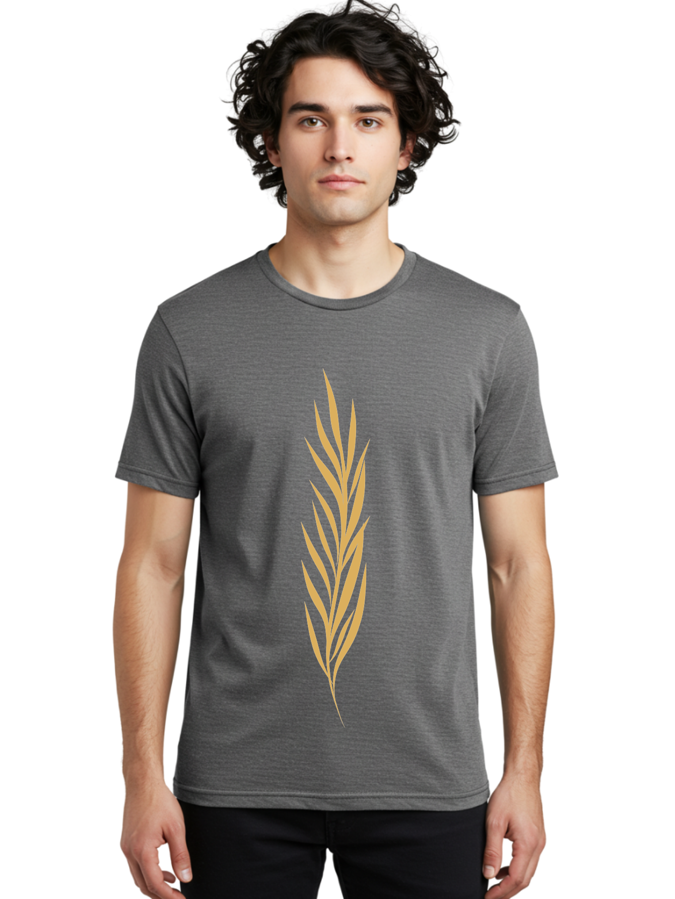 Wheat Men'S Graphic Tee, 100% Cotton, Comfortable Casual Summer Wear, Machine Washable, Palm Frond, Tropical Leaf, Minimalist Design, Simple Graphics, Beige Colors, Symmetrical Shape, Abstract Art Aae061