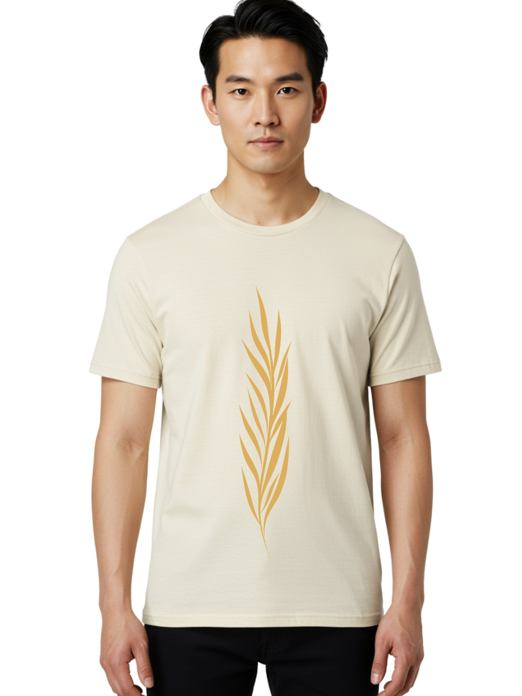 Wheat Men'S Graphic Tee, 100% Cotton, Comfortable Casual Summer Wear, Machine Washable, Palm Frond, Tropical Leaf, Minimalist Design, Simple Graphics, Beige Colors, Symmetrical Shape, Abstract Art Aae061