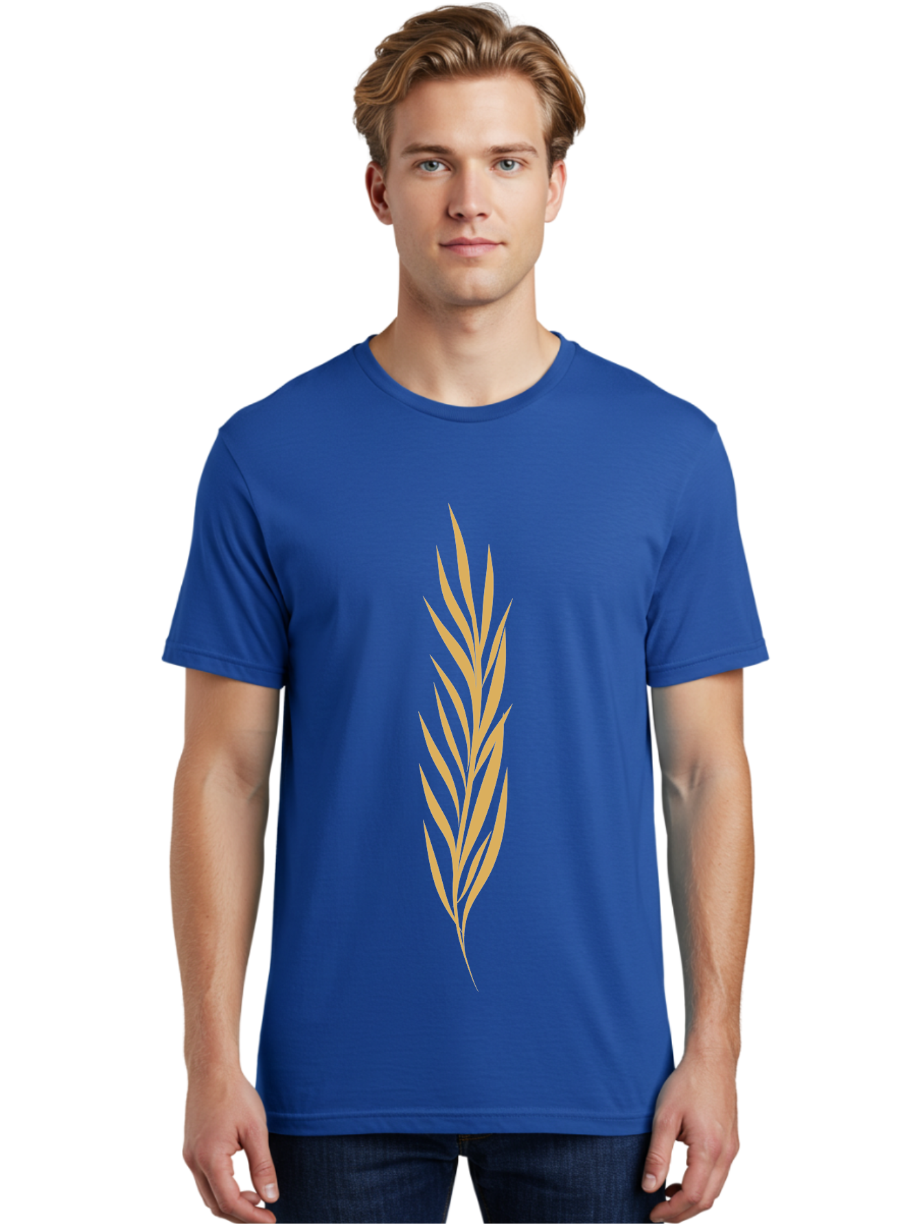 Wheat Men'S Graphic Tee, 100% Cotton, Comfortable Casual Summer Wear, Machine Washable, Palm Frond, Tropical Leaf, Minimalist Design, Simple Graphics, Beige Colors, Symmetrical Shape, Abstract Art Aae061