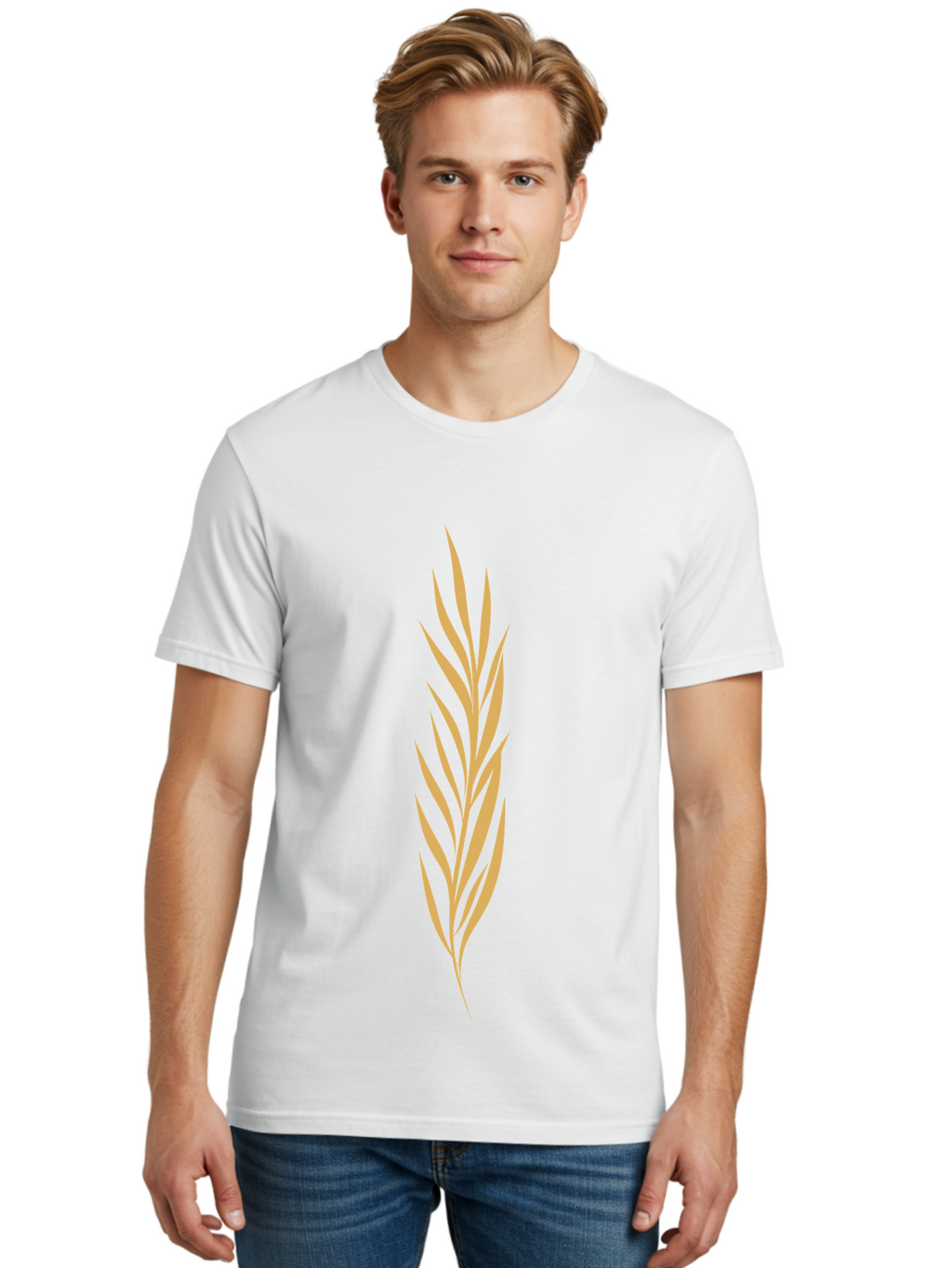 Wheat Men'S Graphic Tee, 100% Cotton, Comfortable Casual Summer Wear, Machine Washable, Palm Frond, Tropical Leaf, Minimalist Design, Simple Graphics, Beige Colors, Symmetrical Shape, Abstract Art Aae061