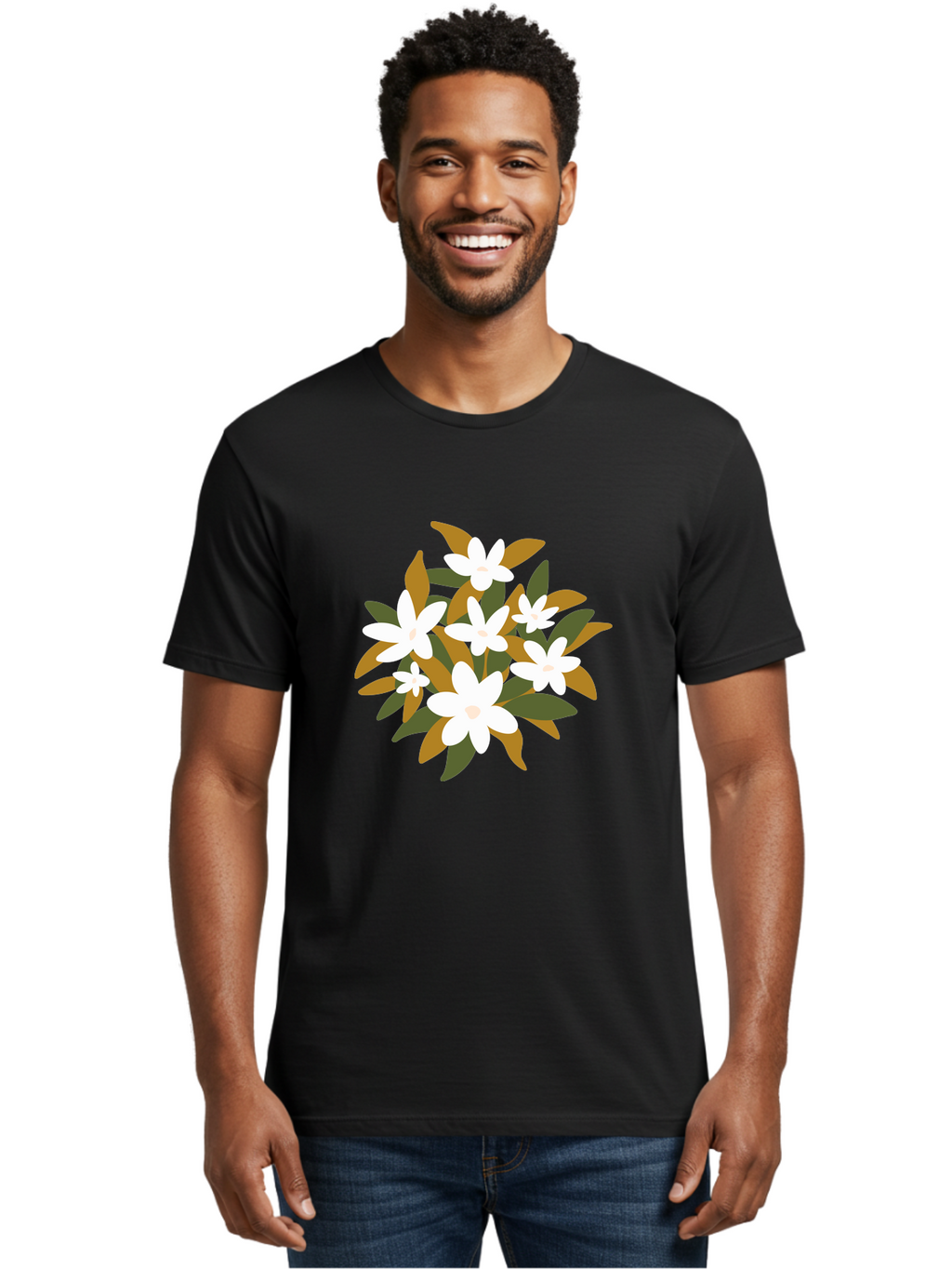 White-Flowers Men'S Graphic Tee, 100% Cotton, Comfortable Casual Summer Wear, Machine Washable, White Flowers, Garden Flowers, Floral Arrangement, Leafy Greens, Brown Leaves, Blooming Flowers, Flower Bouquet, Simple Design Aae062