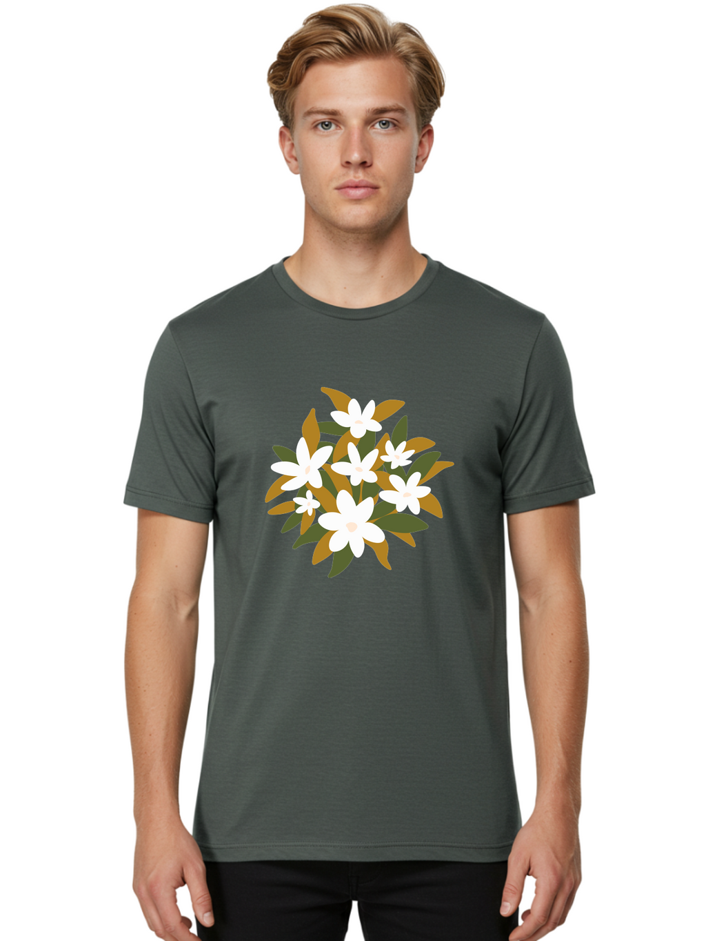 White-Flowers Men'S Graphic Tee, 100% Cotton, Comfortable Casual Summer Wear, Machine Washable, White Flowers, Garden Flowers, Floral Arrangement, Leafy Greens, Brown Leaves, Blooming Flowers, Flower Bouquet, Simple Design Aae062