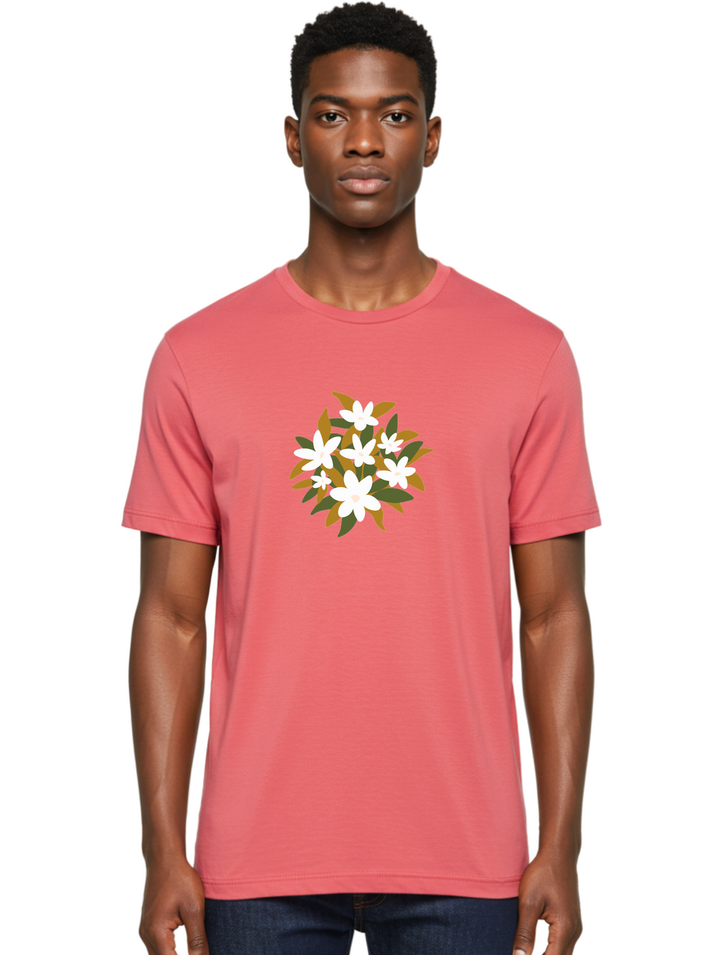 White-Flowers Men'S Graphic Tee, 100% Cotton, Comfortable Casual Summer Wear, Machine Washable, White Flowers, Garden Flowers, Floral Arrangement, Leafy Greens, Brown Leaves, Blooming Flowers, Flower Bouquet, Simple Design Aae062