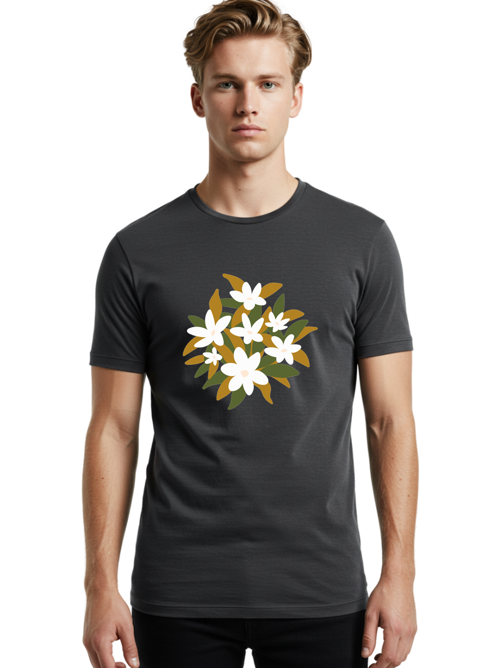 White-Flowers Men'S Graphic Tee, 100% Cotton, Comfortable Casual Summer Wear, Machine Washable, White Flowers, Garden Flowers, Floral Arrangement, Leafy Greens, Brown Leaves, Blooming Flowers, Flower Bouquet, Simple Design Aae062