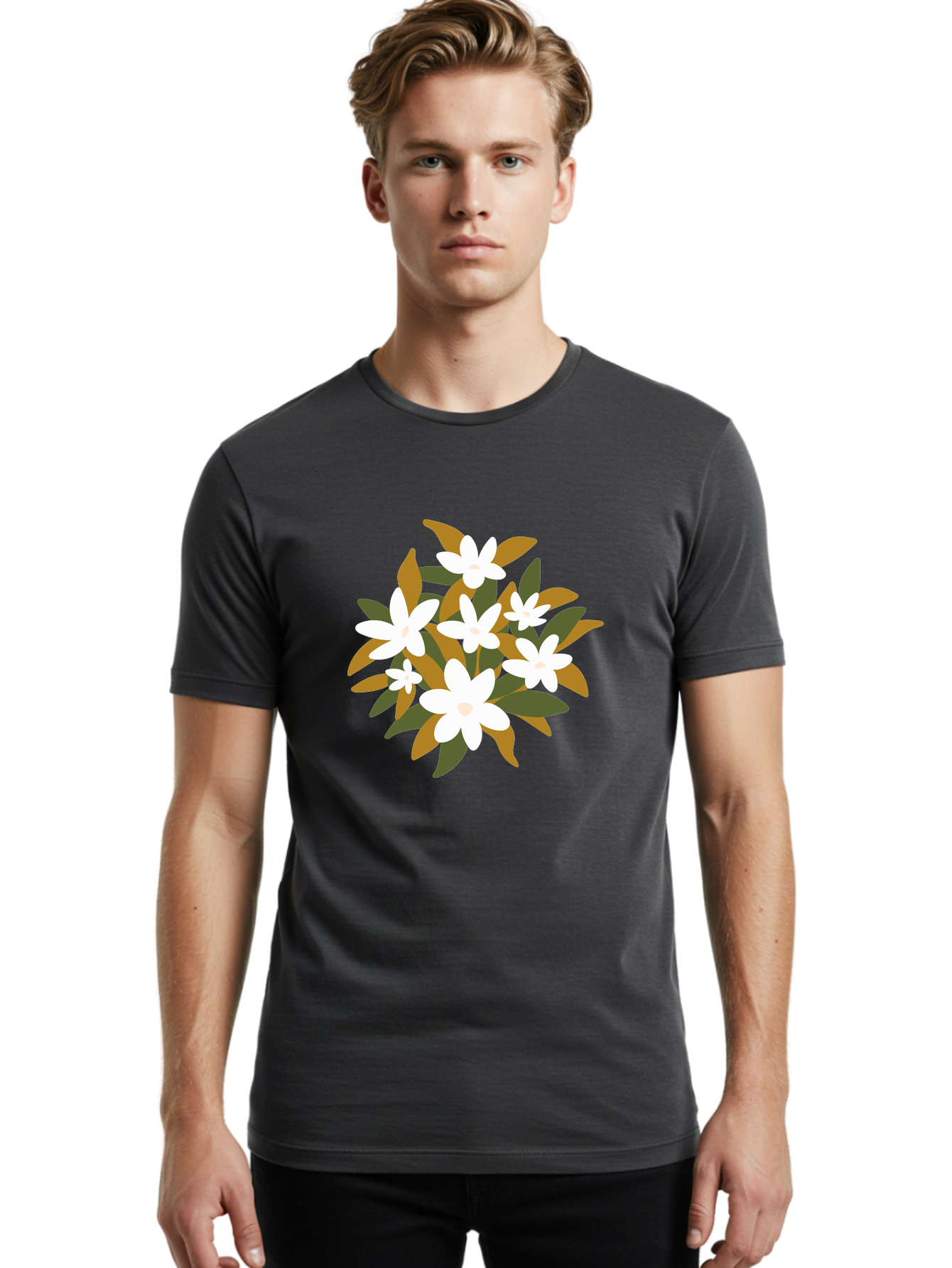 White-Flowers Men'S Graphic Tee, 100% Cotton, Comfortable Casual Summer Wear, Machine Washable, White Flowers, Garden Flowers, Floral Arrangement, Leafy Greens, Brown Leaves, Blooming Flowers, Flower Bouquet, Simple Design Aae062