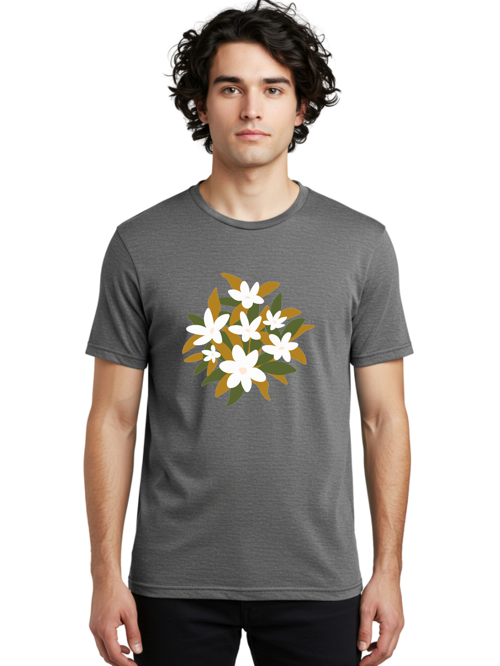 White-Flowers Men'S Graphic Tee, 100% Cotton, Comfortable Casual Summer Wear, Machine Washable, White Flowers, Garden Flowers, Floral Arrangement, Leafy Greens, Brown Leaves, Blooming Flowers, Flower Bouquet, Simple Design Aae062