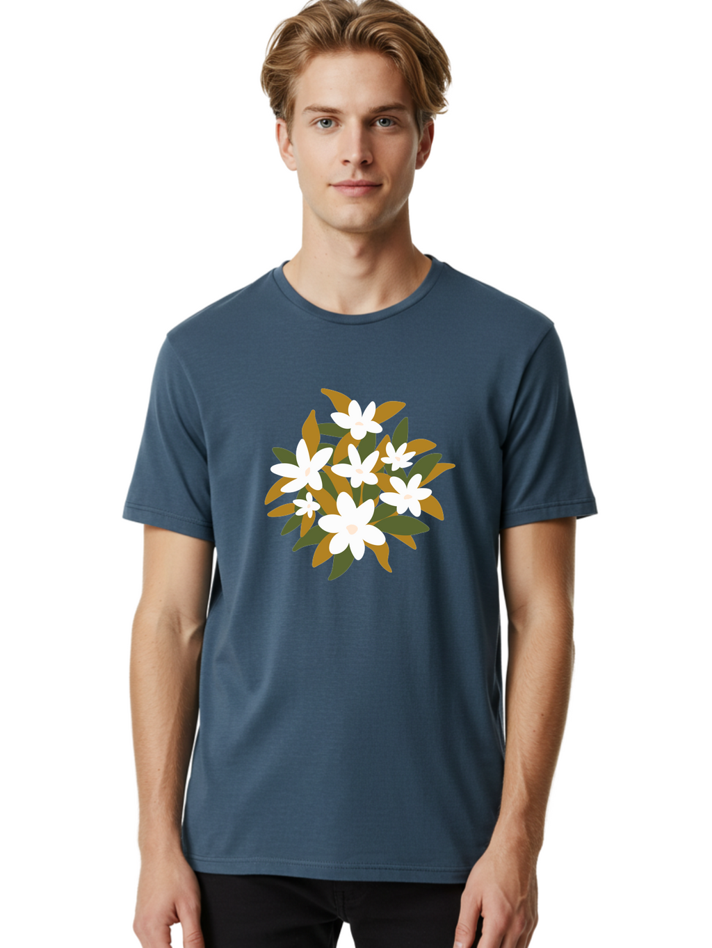 White-Flowers Men'S Graphic Tee, 100% Cotton, Comfortable Casual Summer Wear, Machine Washable, White Flowers, Garden Flowers, Floral Arrangement, Leafy Greens, Brown Leaves, Blooming Flowers, Flower Bouquet, Simple Design Aae062