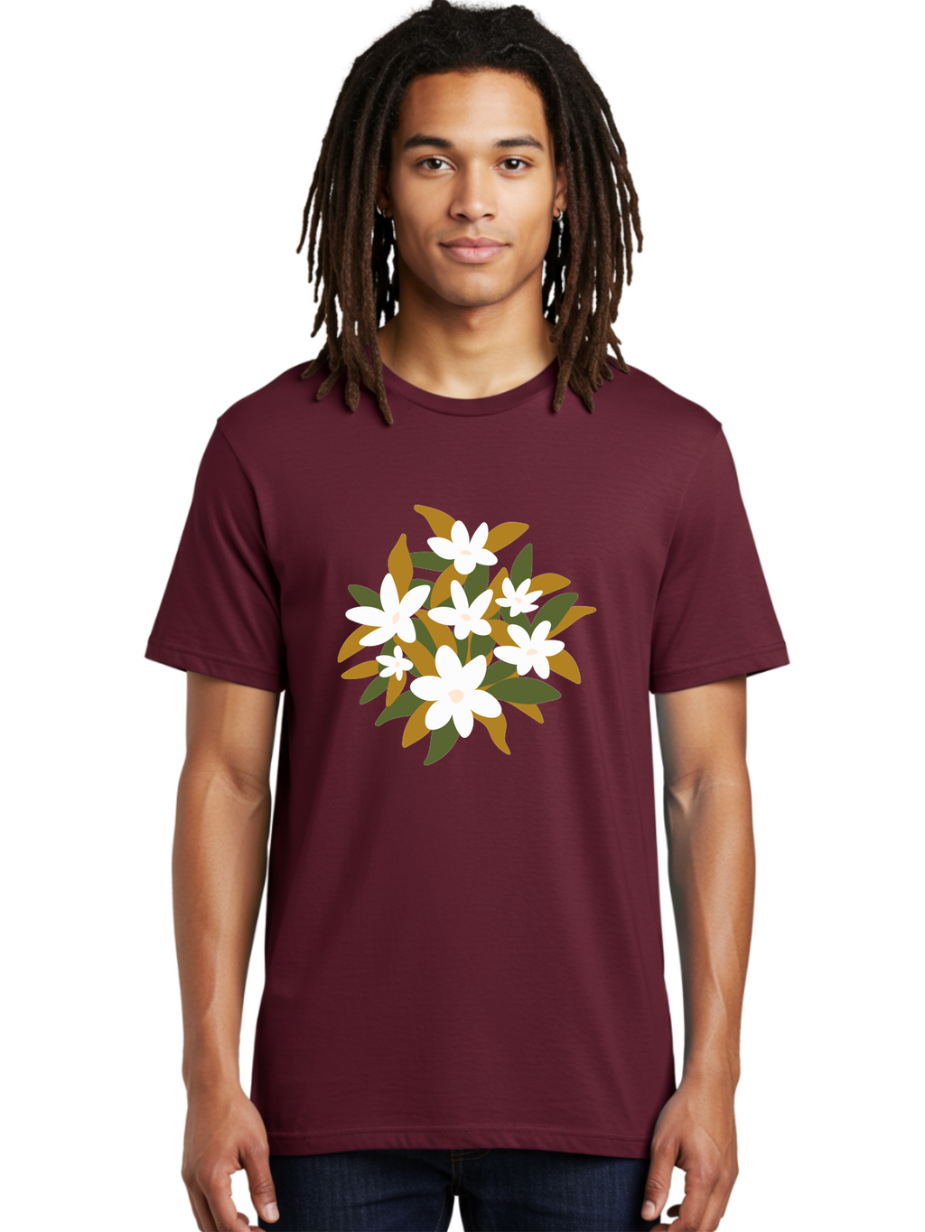 White-Flowers Men'S Graphic Tee, 100% Cotton, Comfortable Casual Summer Wear, Machine Washable, White Flowers, Garden Flowers, Floral Arrangement, Leafy Greens, Brown Leaves, Blooming Flowers, Flower Bouquet, Simple Design Aae062