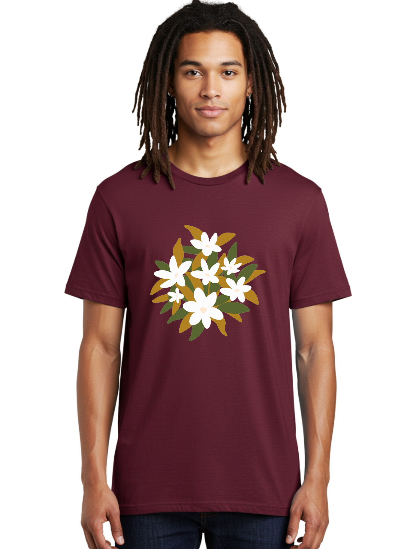 White-Flowers Men'S Graphic Tee, 100% Cotton, Comfortable Casual Summer Wear, Machine Washable, White Flowers, Garden Flowers, Floral Arrangement, Leafy Greens, Brown Leaves, Blooming Flowers, Flower Bouquet, Simple Design Aae062
