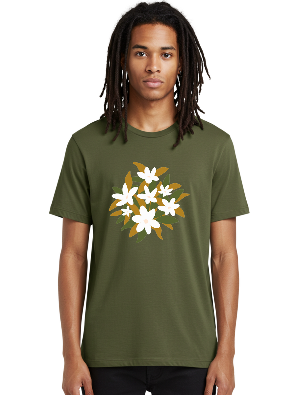White-Flowers Men'S Graphic Tee, 100% Cotton, Comfortable Casual Summer Wear, Machine Washable, White Flowers, Garden Flowers, Floral Arrangement, Leafy Greens, Brown Leaves, Blooming Flowers, Flower Bouquet, Simple Design Aae062