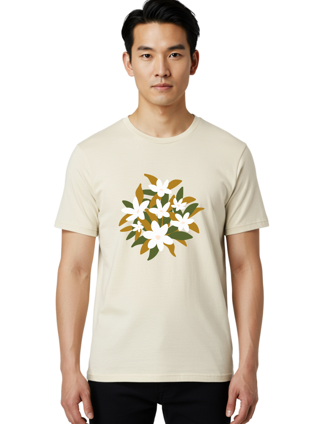 White-Flowers Men'S Graphic Tee, 100% Cotton, Comfortable Casual Summer Wear, Machine Washable, White Flowers, Garden Flowers, Floral Arrangement, Leafy Greens, Brown Leaves, Blooming Flowers, Flower Bouquet, Simple Design Aae062