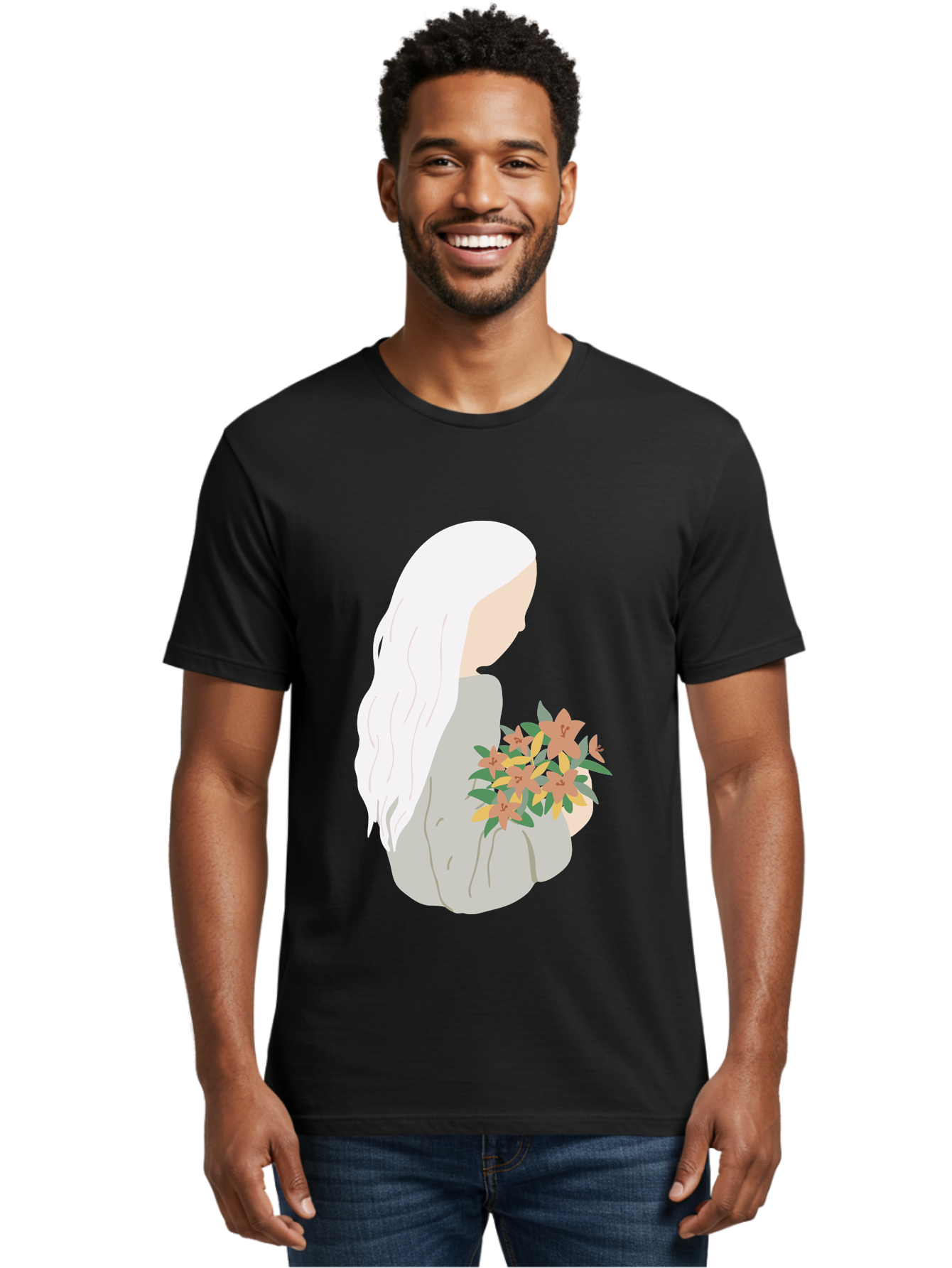 Woman-Holding-Flowers Men'S Graphic Tee, 100% Cotton, Comfortable Casual Summer Wear, Machine Washable, Woman With White Hair, Holding Flowers, Floral Arrangement, Pastel Colors, Gentle Gesture, Soft Illustration, Minimalist Style, Aae063