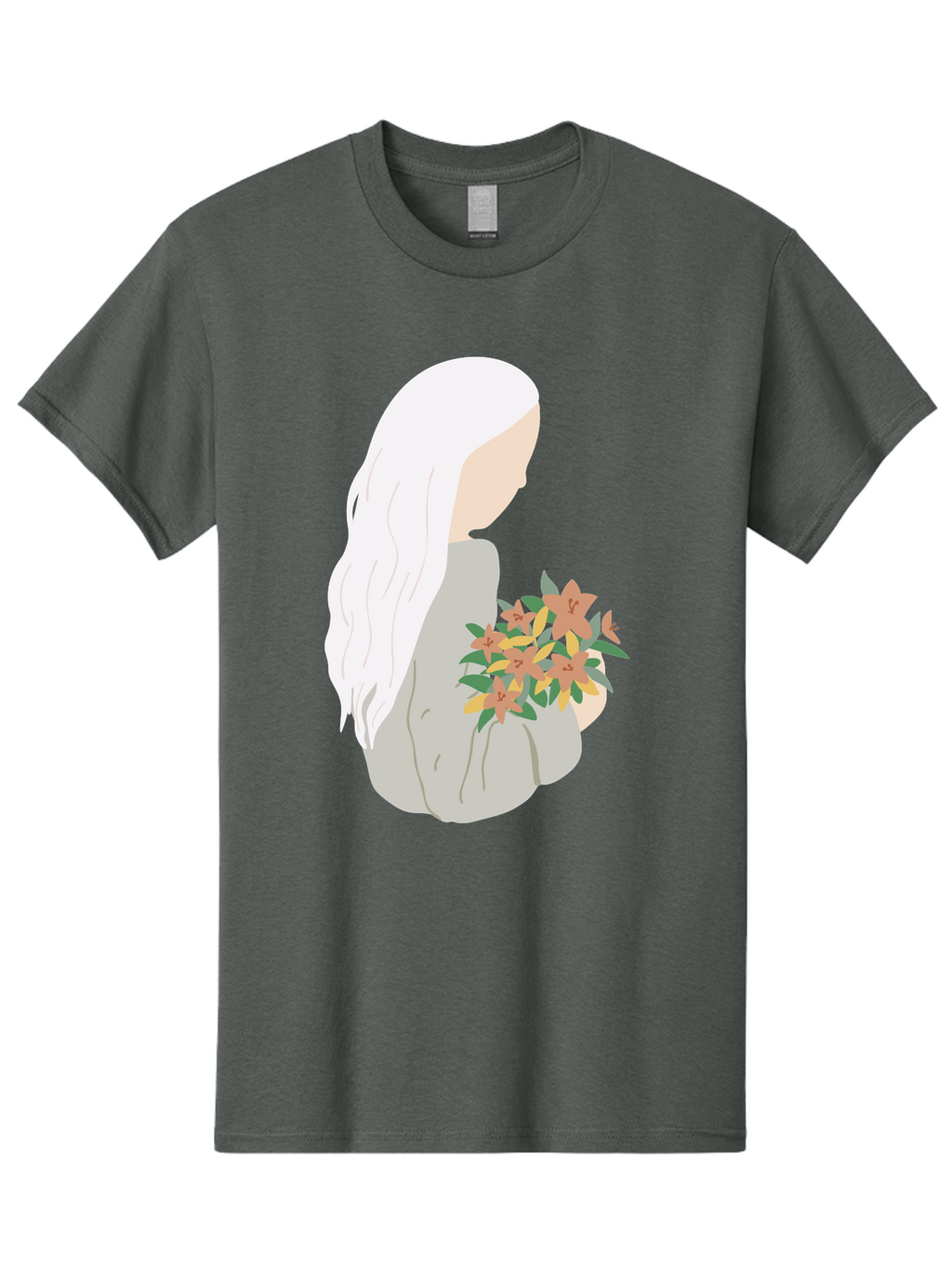 Woman-Holding-Flowers Men'S Graphic Tee, 100% Cotton, Comfortable Casual Summer Wear, Machine Washable, Woman With White Hair, Holding Flowers, Floral Arrangement, Pastel Colors, Gentle Gesture, Soft Illustration, Minimalist Style, Aae063