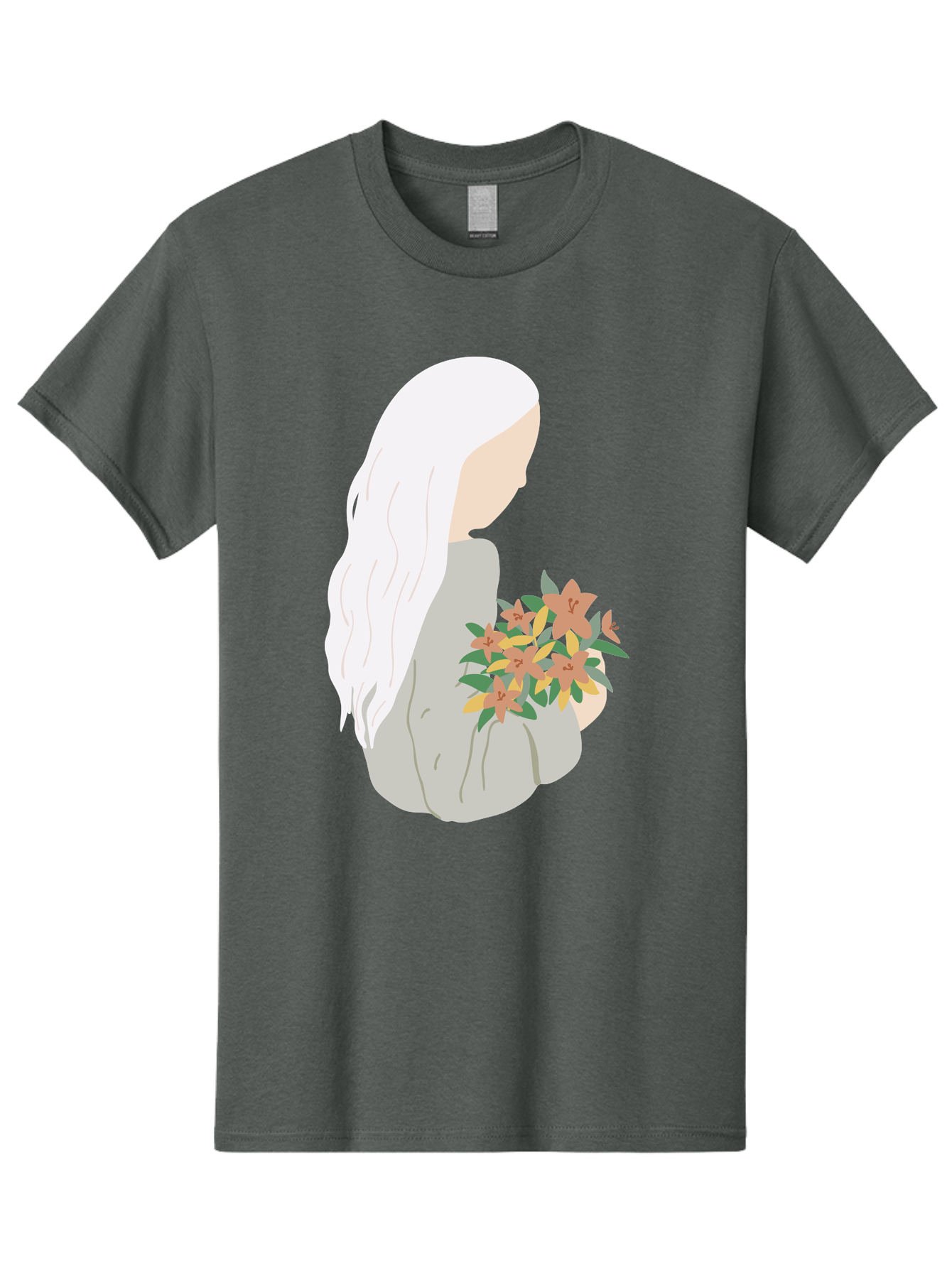 Woman-Holding-Flowers Men'S Graphic Tee, 100% Cotton, Comfortable Casual Summer Wear, Machine Washable, Woman With White Hair, Holding Flowers, Floral Arrangement, Pastel Colors, Gentle Gesture, Soft Illustration, Minimalist Style, Aae063