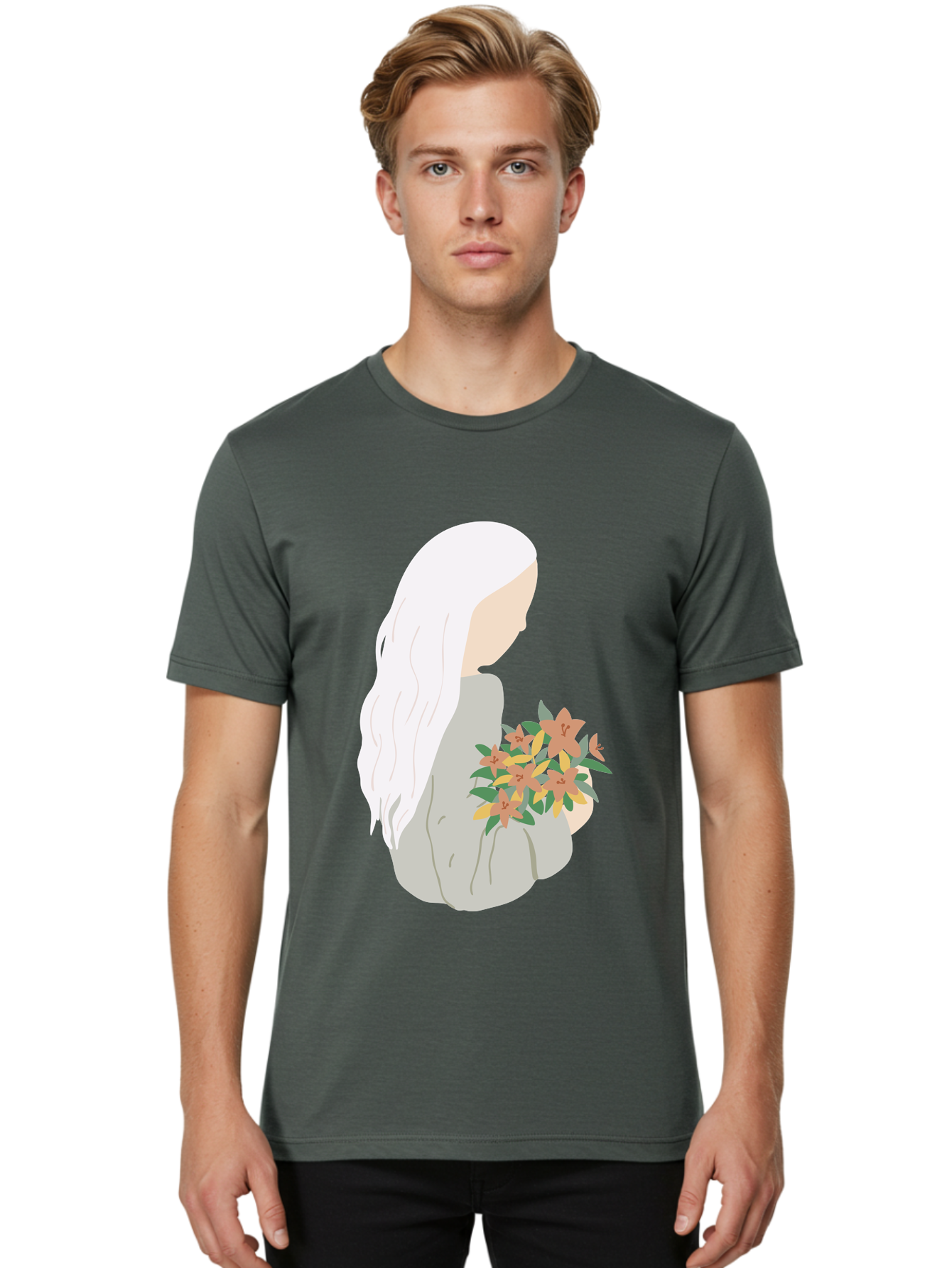 Woman-Holding-Flowers Men'S Graphic Tee, 100% Cotton, Comfortable Casual Summer Wear, Machine Washable, Woman With White Hair, Holding Flowers, Floral Arrangement, Pastel Colors, Gentle Gesture, Soft Illustration, Minimalist Style, Aae063
