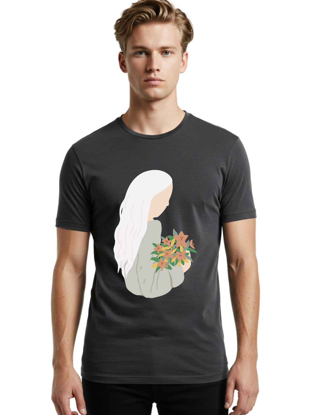 Woman-Holding-Flowers Men'S Graphic Tee, 100% Cotton, Comfortable Casual Summer Wear, Machine Washable, Woman With White Hair, Holding Flowers, Floral Arrangement, Pastel Colors, Gentle Gesture, Soft Illustration, Minimalist Style, Aae063