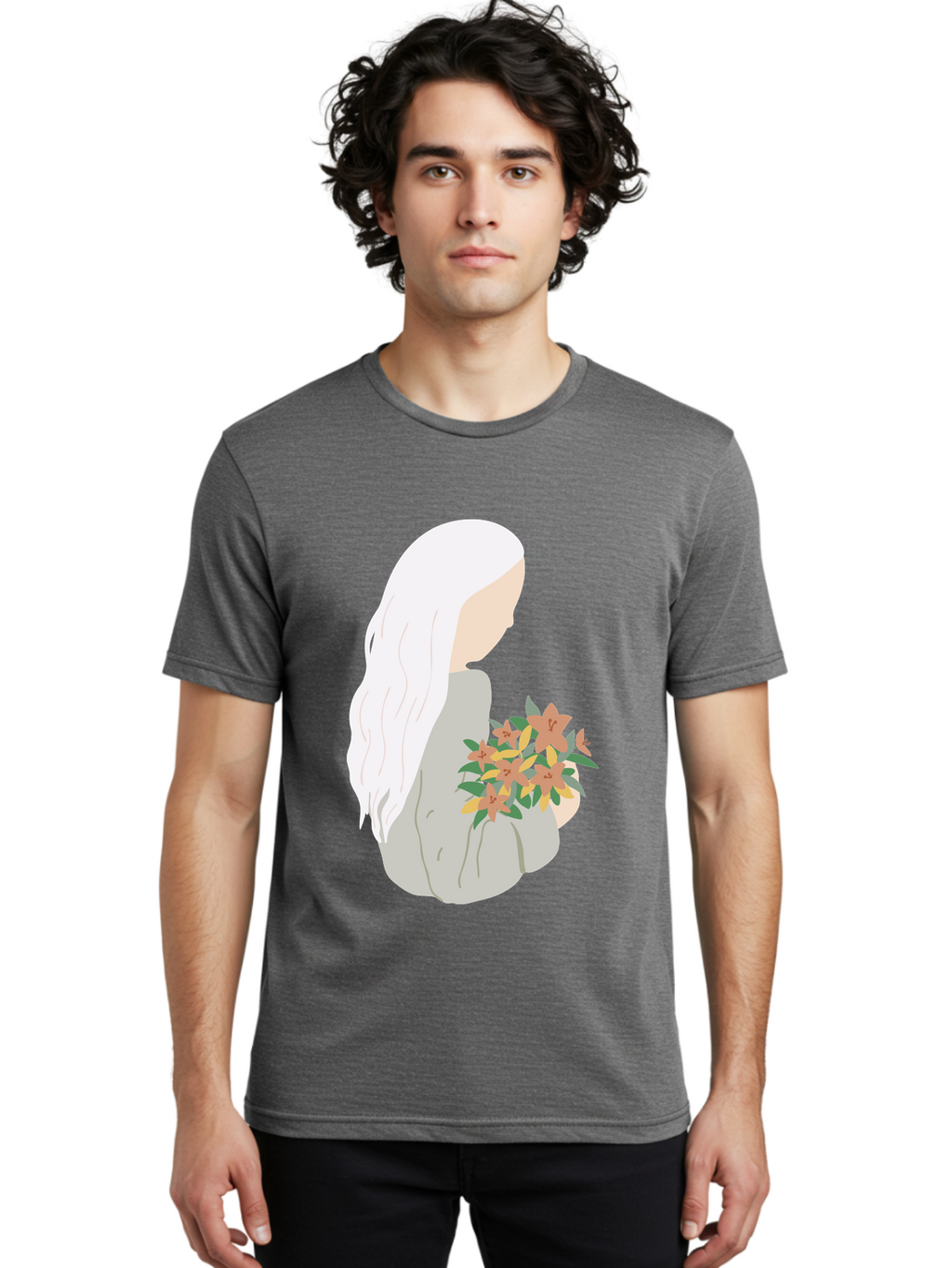 Woman-Holding-Flowers Men'S Graphic Tee, 100% Cotton, Comfortable Casual Summer Wear, Machine Washable, Woman With White Hair, Holding Flowers, Floral Arrangement, Pastel Colors, Gentle Gesture, Soft Illustration, Minimalist Style, Aae063