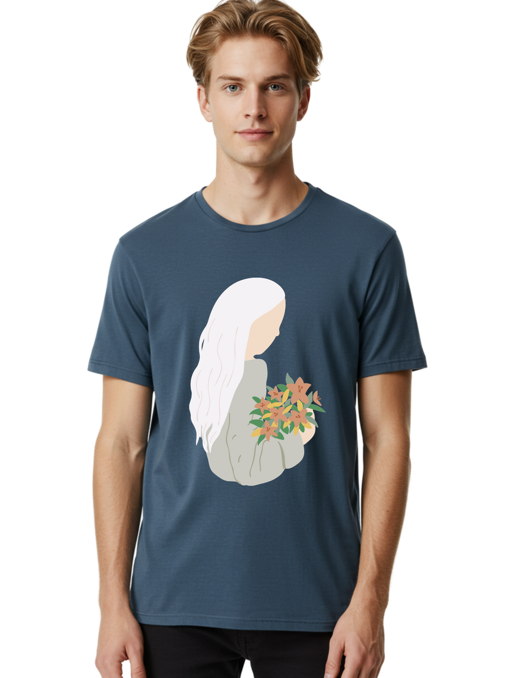 Woman-Holding-Flowers Men'S Graphic Tee, 100% Cotton, Comfortable Casual Summer Wear, Machine Washable, Woman With White Hair, Holding Flowers, Floral Arrangement, Pastel Colors, Gentle Gesture, Soft Illustration, Minimalist Style, Aae063