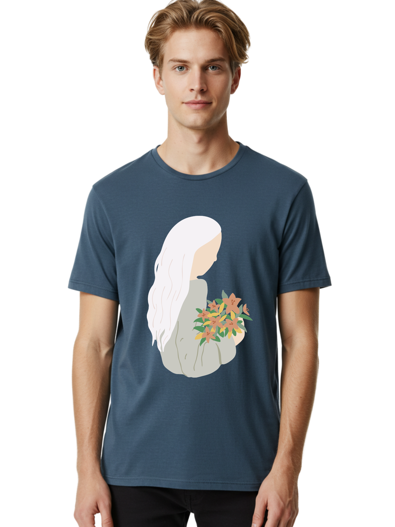 Woman-Holding-Flowers Men'S Graphic Tee, 100% Cotton, Comfortable Casual Summer Wear, Machine Washable, Woman With White Hair, Holding Flowers, Floral Arrangement, Pastel Colors, Gentle Gesture, Soft Illustration, Minimalist Style, Aae063