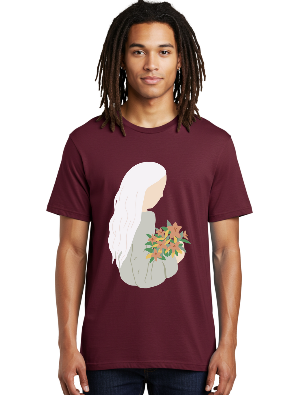 Woman-Holding-Flowers Men'S Graphic Tee, 100% Cotton, Comfortable Casual Summer Wear, Machine Washable, Woman With White Hair, Holding Flowers, Floral Arrangement, Pastel Colors, Gentle Gesture, Soft Illustration, Minimalist Style, Aae063