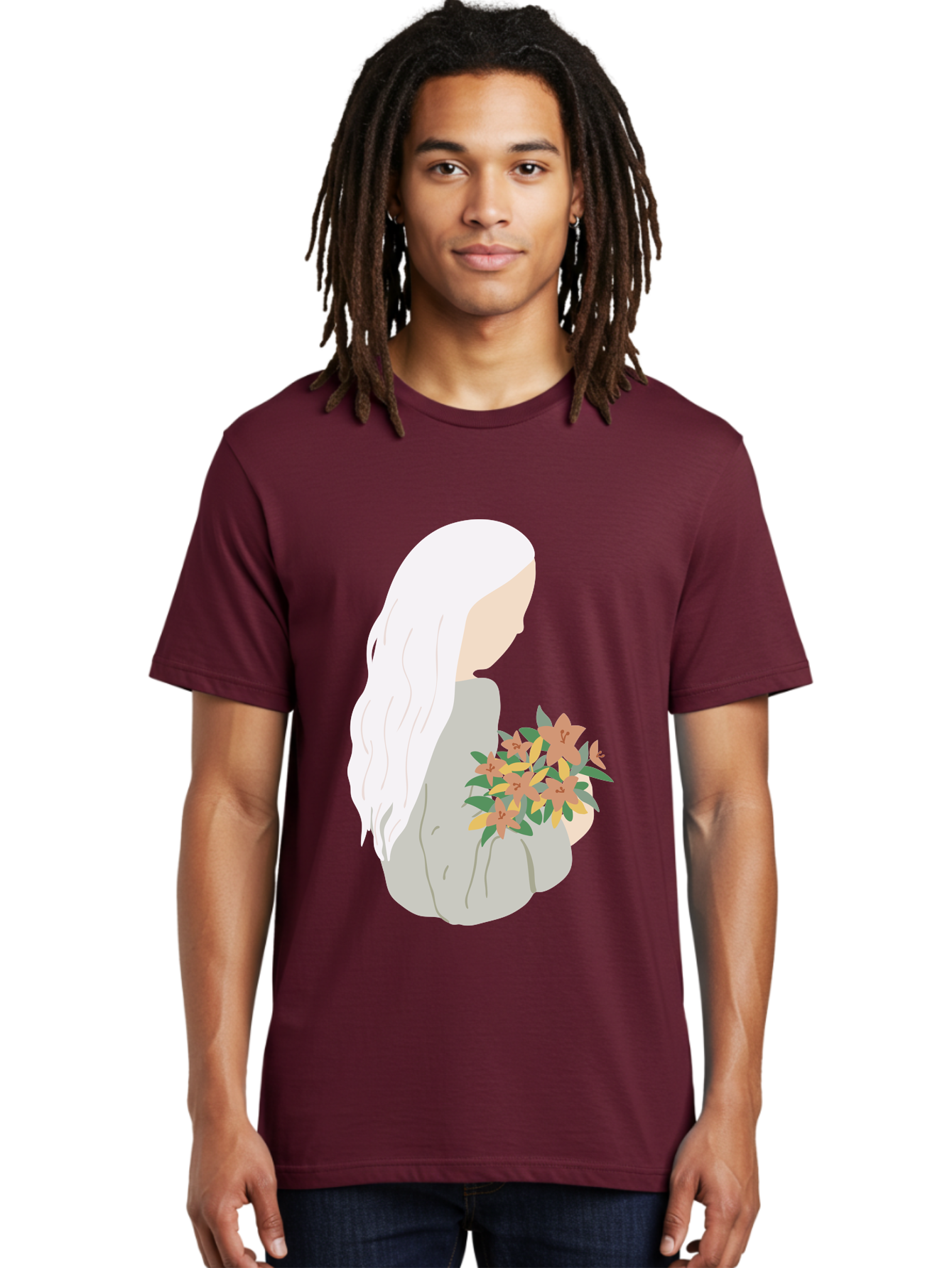 Woman-Holding-Flowers Men'S Graphic Tee, 100% Cotton, Comfortable Casual Summer Wear, Machine Washable, Woman With White Hair, Holding Flowers, Floral Arrangement, Pastel Colors, Gentle Gesture, Soft Illustration, Minimalist Style, Aae063