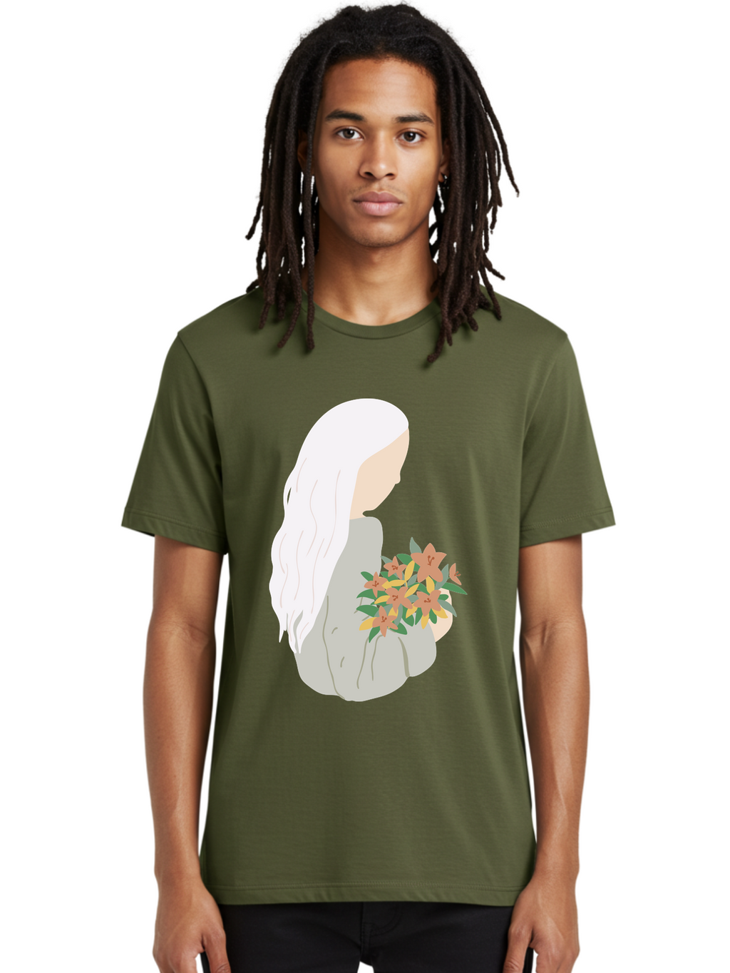 Woman-Holding-Flowers Men'S Graphic Tee, 100% Cotton, Comfortable Casual Summer Wear, Machine Washable, Woman With White Hair, Holding Flowers, Floral Arrangement, Pastel Colors, Gentle Gesture, Soft Illustration, Minimalist Style, Aae063