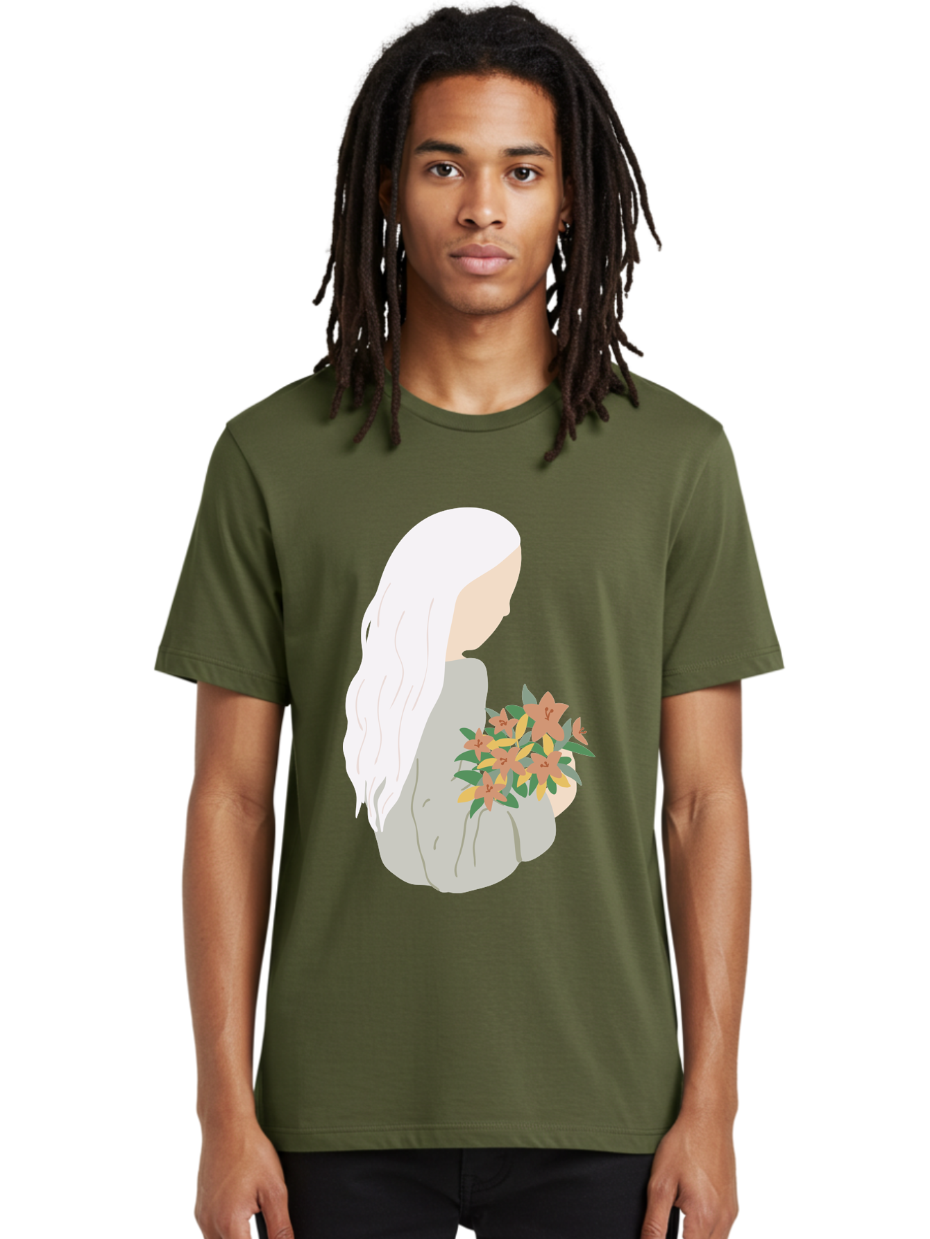 Woman-Holding-Flowers Men'S Graphic Tee, 100% Cotton, Comfortable Casual Summer Wear, Machine Washable, Woman With White Hair, Holding Flowers, Floral Arrangement, Pastel Colors, Gentle Gesture, Soft Illustration, Minimalist Style, Aae063