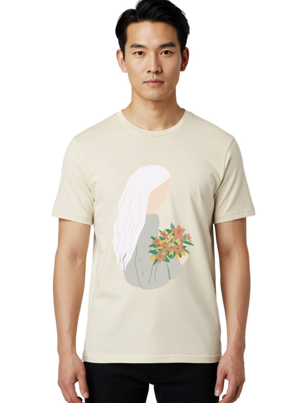 Woman-Holding-Flowers Men'S Graphic Tee, 100% Cotton, Comfortable Casual Summer Wear, Machine Washable, Woman With White Hair, Holding Flowers, Floral Arrangement, Pastel Colors, Gentle Gesture, Soft Illustration, Minimalist Style, Aae063