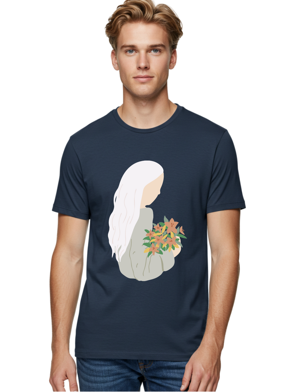 Woman-Holding-Flowers Men'S Graphic Tee, 100% Cotton, Comfortable Casual Summer Wear, Machine Washable, Woman With White Hair, Holding Flowers, Floral Arrangement, Pastel Colors, Gentle Gesture, Soft Illustration, Minimalist Style, Aae063