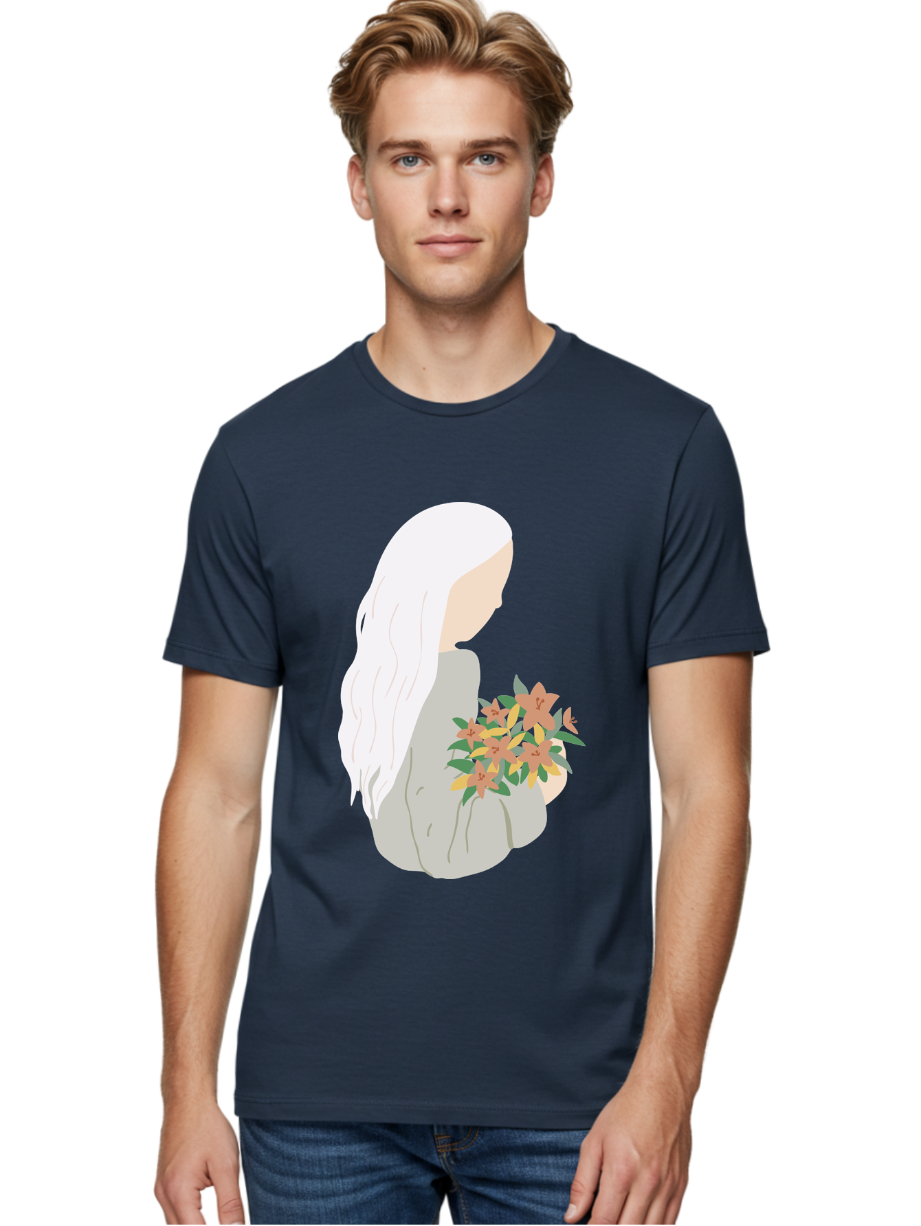 Woman-Holding-Flowers Men'S Graphic Tee, 100% Cotton, Comfortable Casual Summer Wear, Machine Washable, Woman With White Hair, Holding Flowers, Floral Arrangement, Pastel Colors, Gentle Gesture, Soft Illustration, Minimalist Style, Aae063