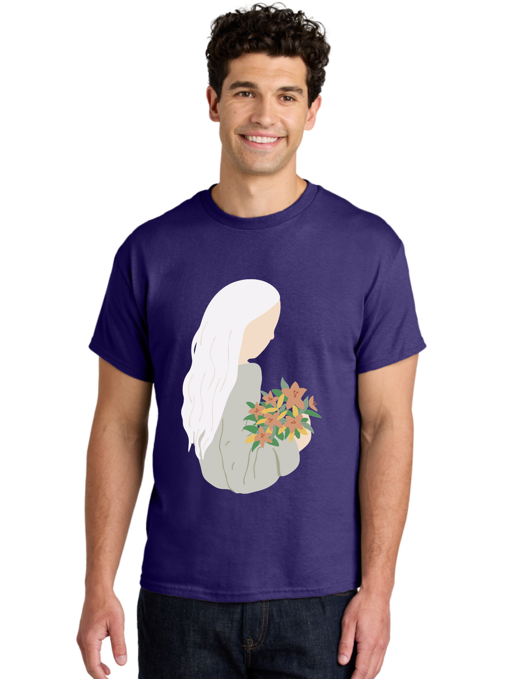 Woman-Holding-Flowers Men'S Graphic Tee, 100% Cotton, Comfortable Casual Summer Wear, Machine Washable, Woman With White Hair, Holding Flowers, Floral Arrangement, Pastel Colors, Gentle Gesture, Soft Illustration, Minimalist Style, Aae063