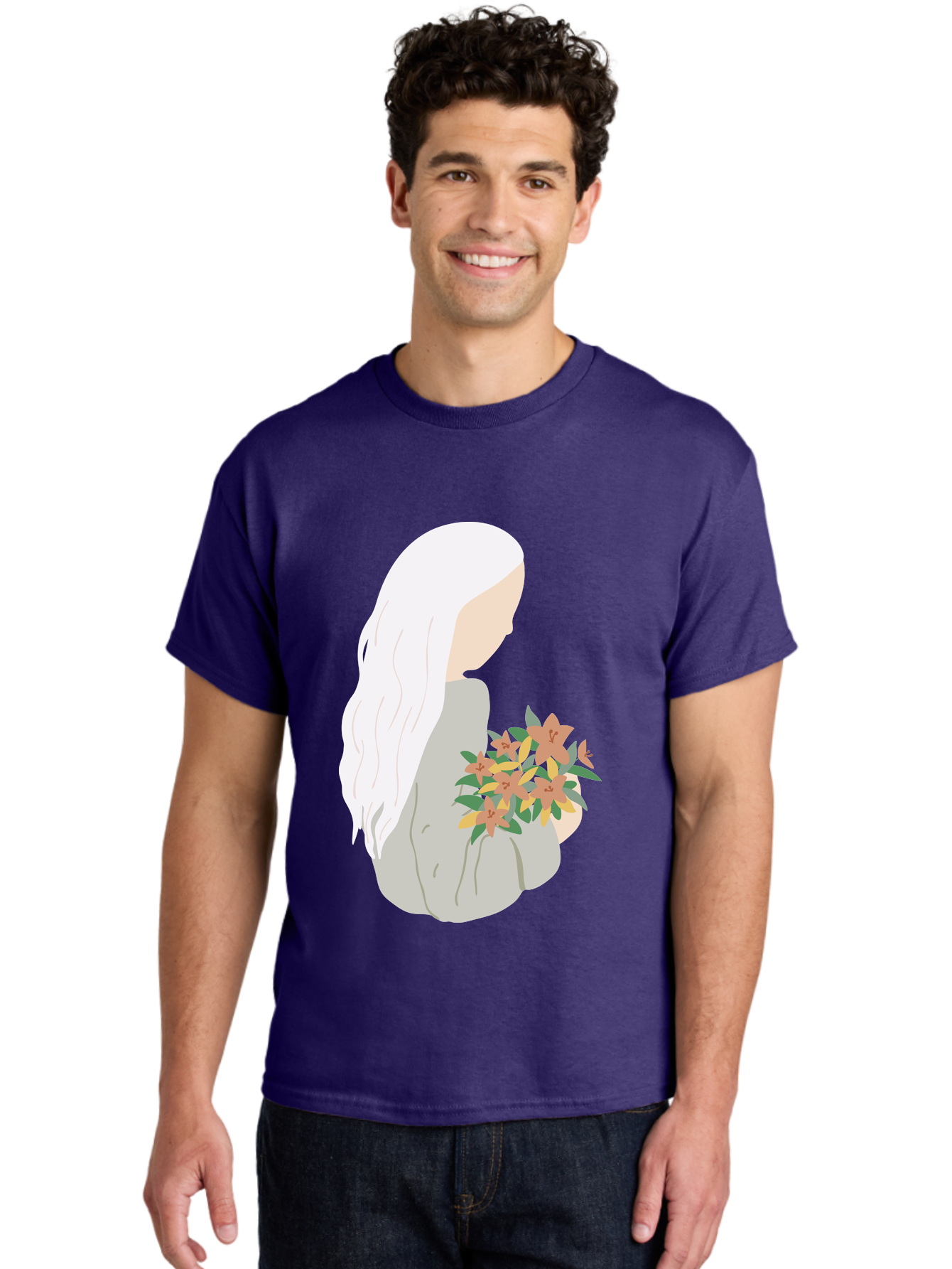 Woman-Holding-Flowers Men'S Graphic Tee, 100% Cotton, Comfortable Casual Summer Wear, Machine Washable, Woman With White Hair, Holding Flowers, Floral Arrangement, Pastel Colors, Gentle Gesture, Soft Illustration, Minimalist Style, Aae063