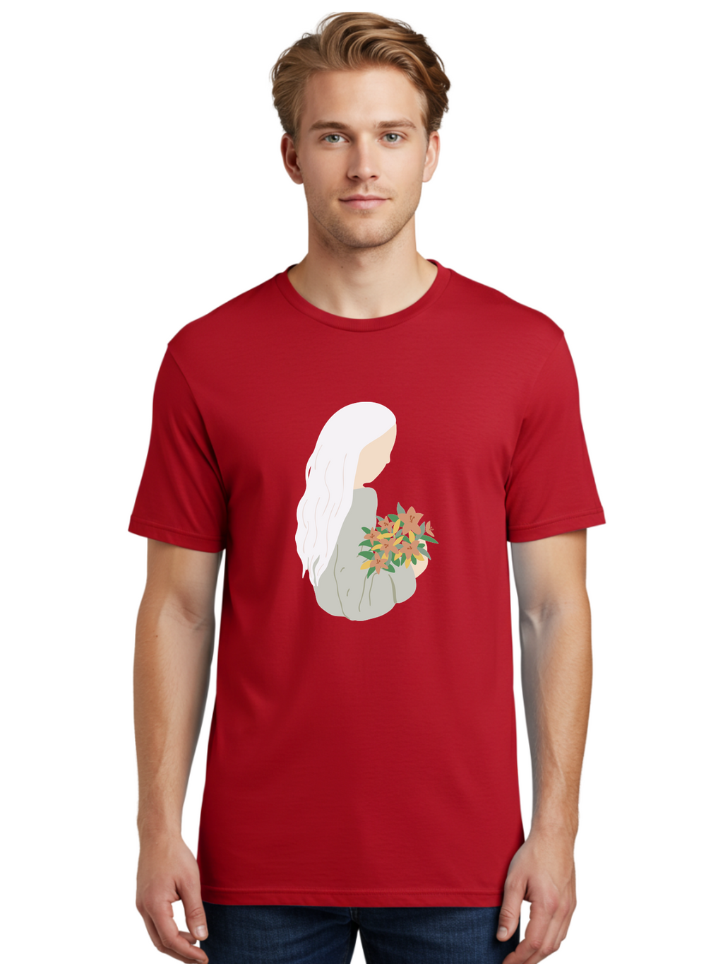 Woman-Holding-Flowers Men'S Graphic Tee, 100% Cotton, Comfortable Casual Summer Wear, Machine Washable, Woman With White Hair, Holding Flowers, Floral Arrangement, Pastel Colors, Gentle Gesture, Soft Illustration, Minimalist Style, Aae063
