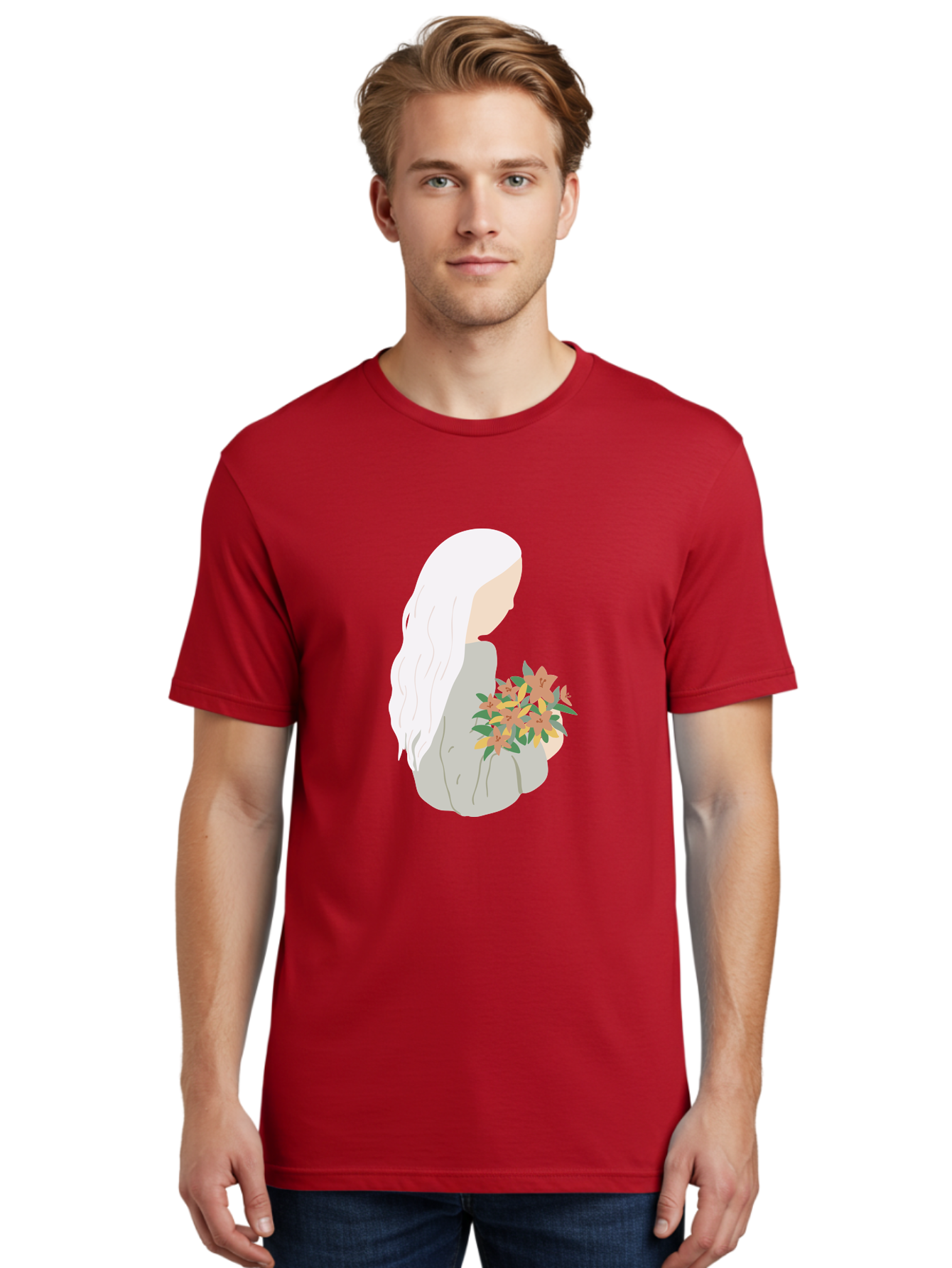 Woman-Holding-Flowers Men'S Graphic Tee, 100% Cotton, Comfortable Casual Summer Wear, Machine Washable, Woman With White Hair, Holding Flowers, Floral Arrangement, Pastel Colors, Gentle Gesture, Soft Illustration, Minimalist Style, Aae063