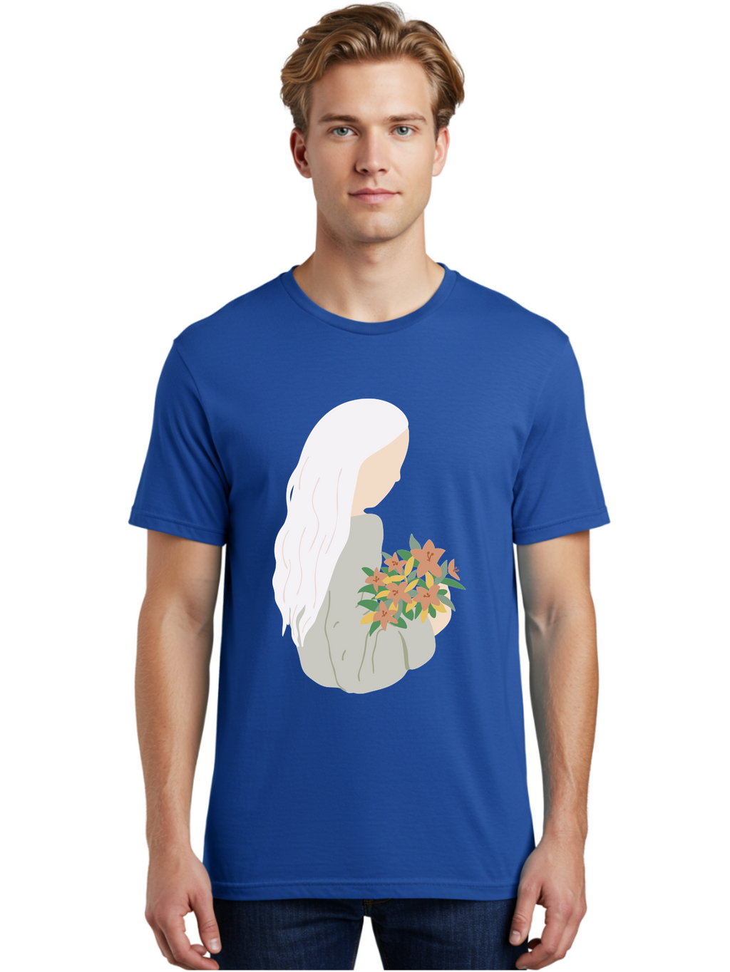 Woman-Holding-Flowers Men'S Graphic Tee, 100% Cotton, Comfortable Casual Summer Wear, Machine Washable, Woman With White Hair, Holding Flowers, Floral Arrangement, Pastel Colors, Gentle Gesture, Soft Illustration, Minimalist Style, Aae063