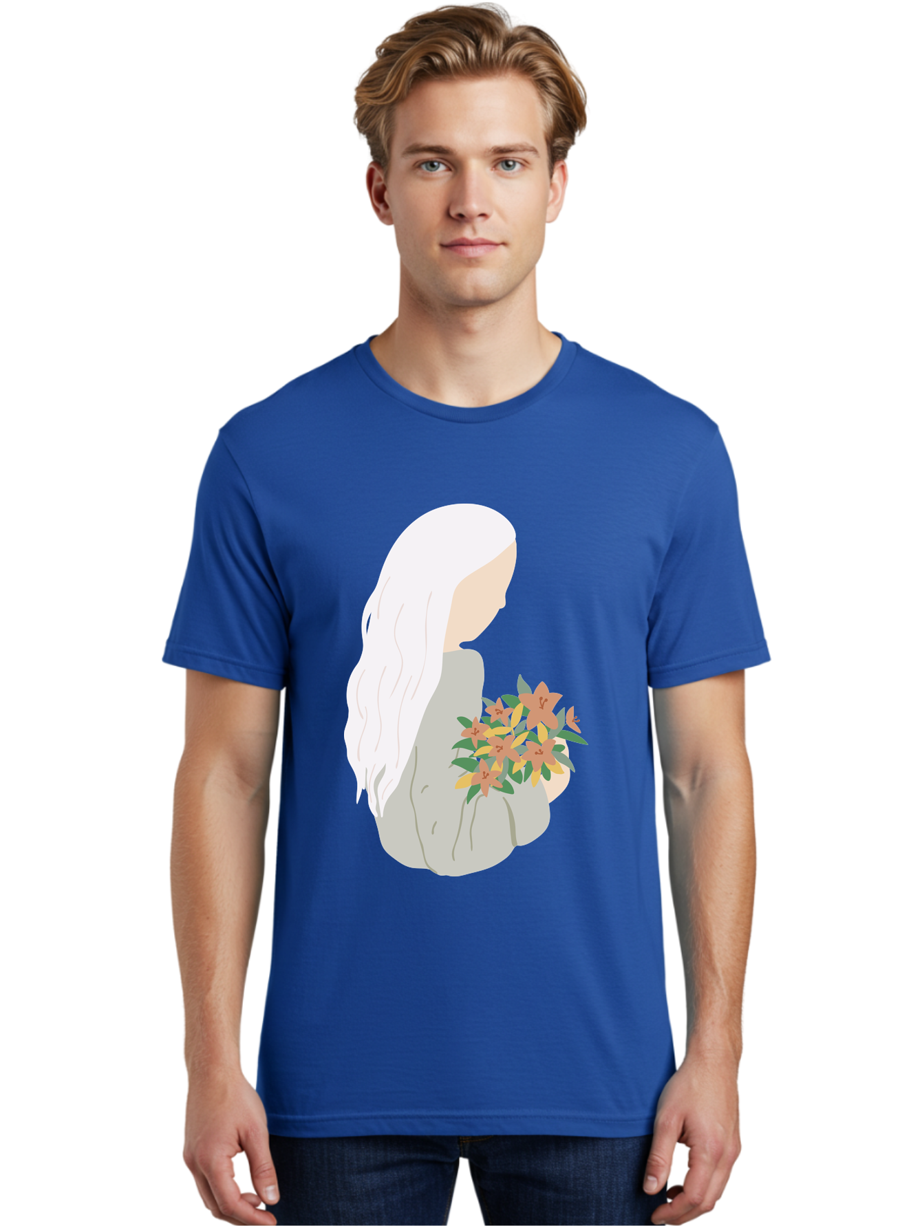 Woman-Holding-Flowers Men'S Graphic Tee, 100% Cotton, Comfortable Casual Summer Wear, Machine Washable, Woman With White Hair, Holding Flowers, Floral Arrangement, Pastel Colors, Gentle Gesture, Soft Illustration, Minimalist Style, Aae063