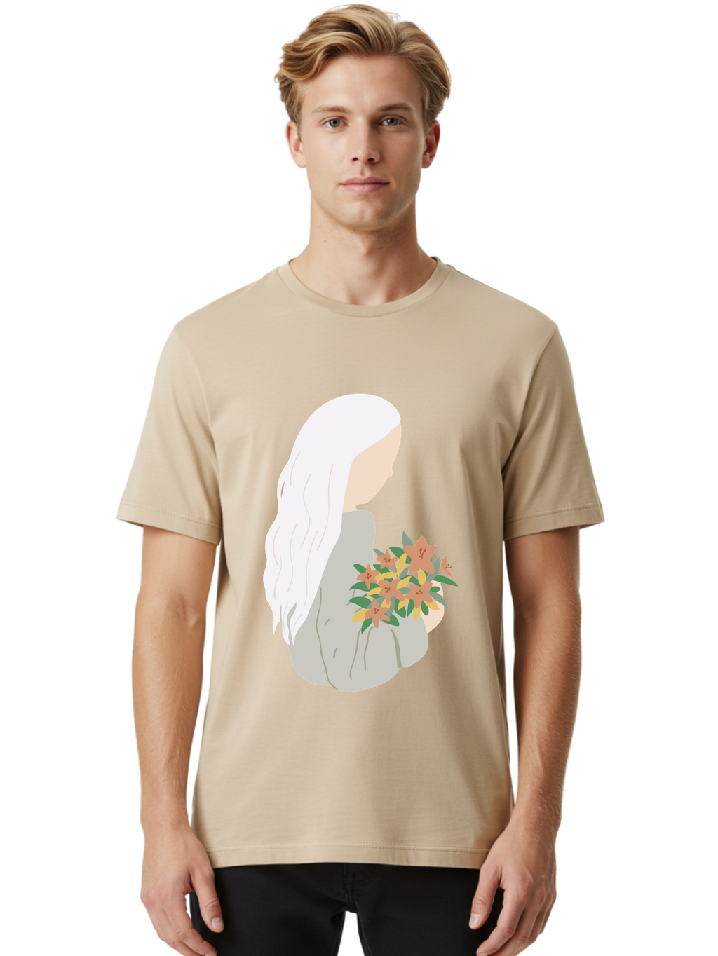 Woman-Holding-Flowers Men'S Graphic Tee, 100% Cotton, Comfortable Casual Summer Wear, Machine Washable, Woman With White Hair, Holding Flowers, Floral Arrangement, Pastel Colors, Gentle Gesture, Soft Illustration, Minimalist Style, Aae063