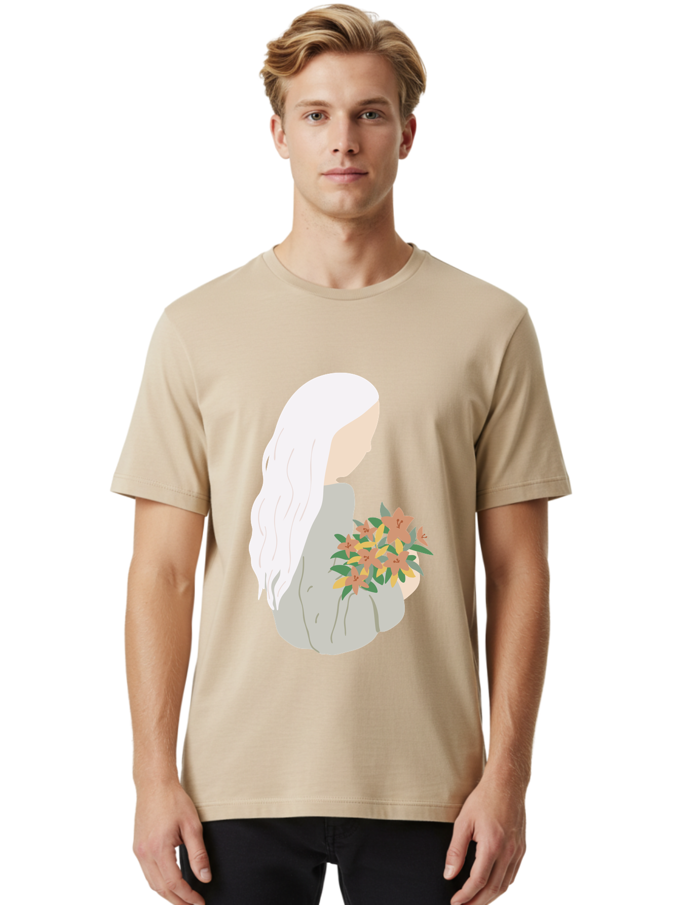 Woman-Holding-Flowers Men'S Graphic Tee, 100% Cotton, Comfortable Casual Summer Wear, Machine Washable, Woman With White Hair, Holding Flowers, Floral Arrangement, Pastel Colors, Gentle Gesture, Soft Illustration, Minimalist Style, Aae063