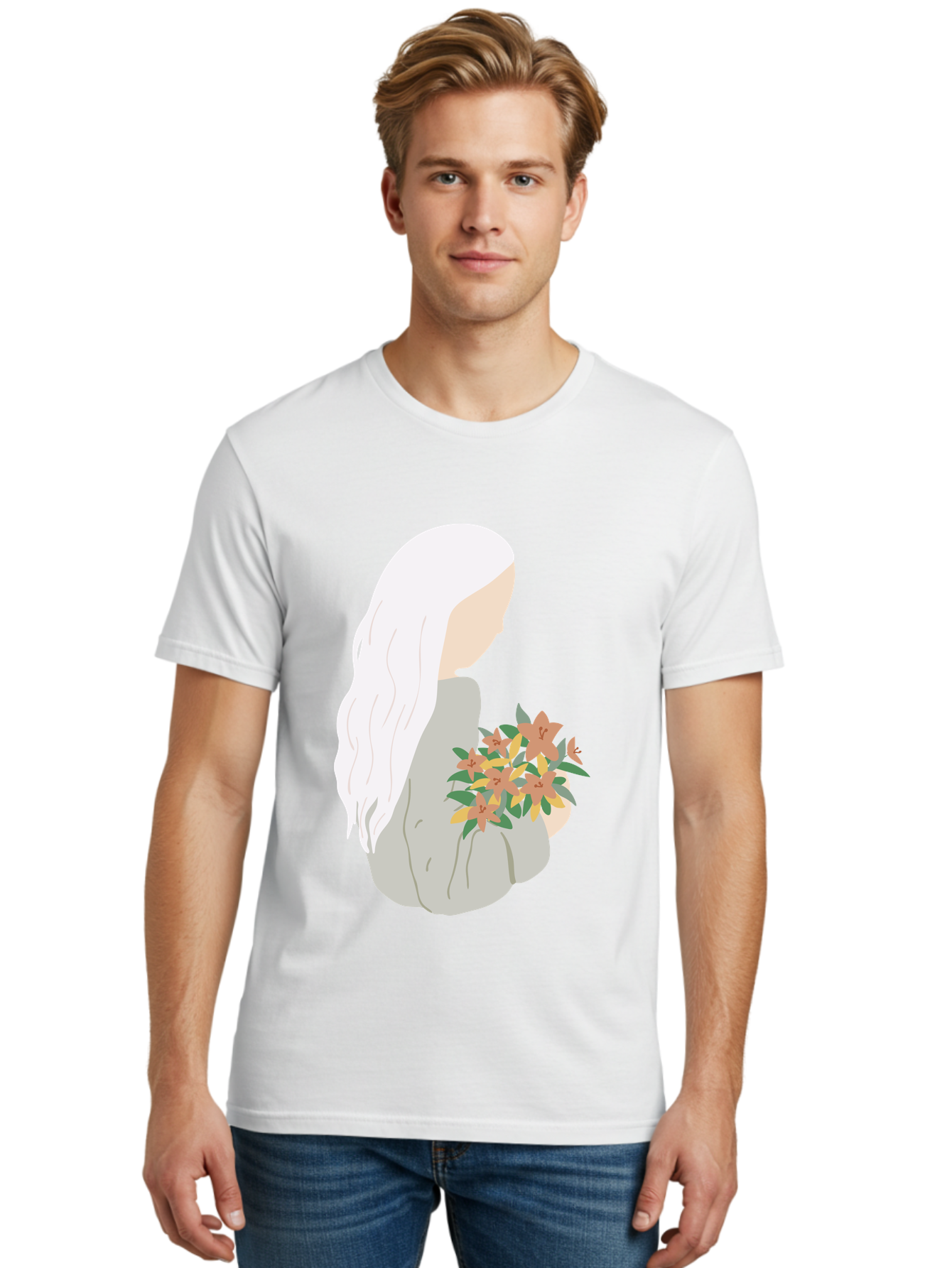 Woman-Holding-Flowers Men'S Graphic Tee, 100% Cotton, Comfortable Casual Summer Wear, Machine Washable, Woman With White Hair, Holding Flowers, Floral Arrangement, Pastel Colors, Gentle Gesture, Soft Illustration, Minimalist Style, Aae063