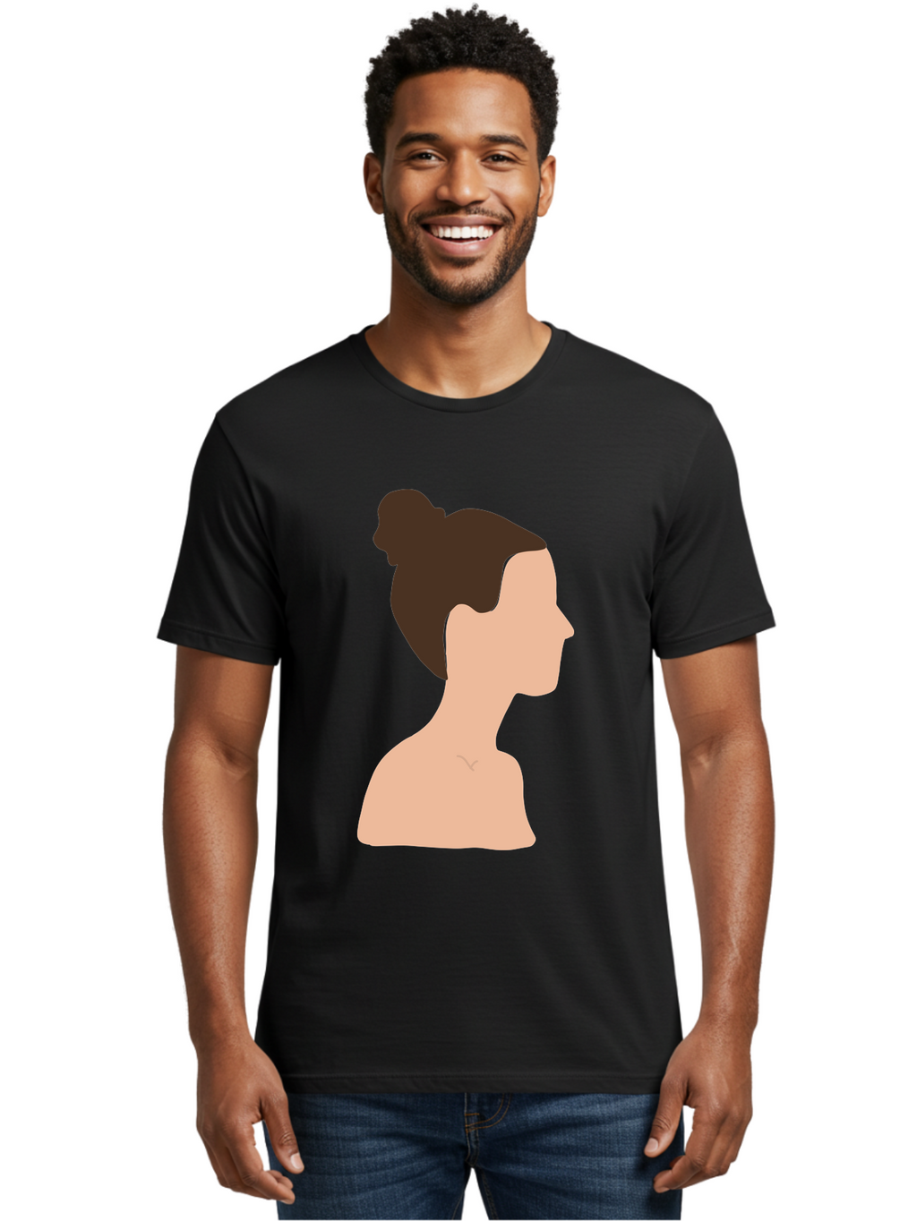 Woman-Profile-1 Men'S Graphic Tee, 100% Cotton, Comfortable Casual Summer Wear, Machine Washable, Woman Profile, Minimalist Portrait, Simple Illustration, Dark Hair, Bun Hairstyle, Featureless Face, Bare Shoulders, Clean Design, Modern Art Aae064