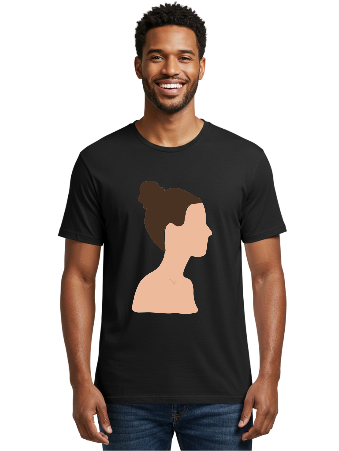 Woman-Profile-1 Men'S Graphic Tee, 100% Cotton, Comfortable Casual Summer Wear, Machine Washable, Woman Profile, Minimalist Portrait, Simple Illustration, Dark Hair, Bun Hairstyle, Featureless Face, Bare Shoulders, Clean Design, Modern Art Aae064