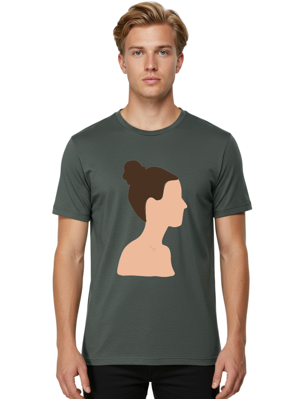 Woman-Profile-1 Men'S Graphic Tee, 100% Cotton, Comfortable Casual Summer Wear, Machine Washable, Woman Profile, Minimalist Portrait, Simple Illustration, Dark Hair, Bun Hairstyle, Featureless Face, Bare Shoulders, Clean Design, Modern Art Aae064