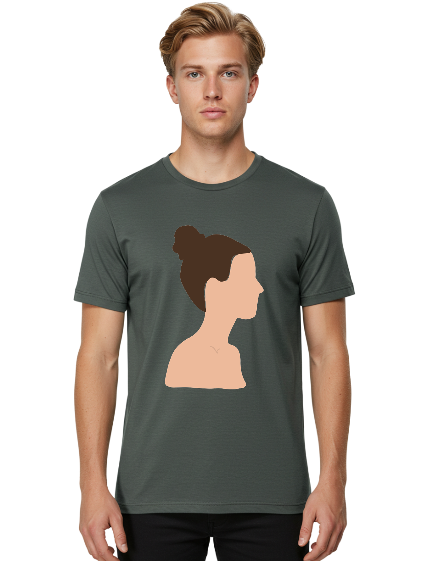 Woman-Profile-1 Men'S Graphic Tee, 100% Cotton, Comfortable Casual Summer Wear, Machine Washable, Woman Profile, Minimalist Portrait, Simple Illustration, Dark Hair, Bun Hairstyle, Featureless Face, Bare Shoulders, Clean Design, Modern Art Aae064