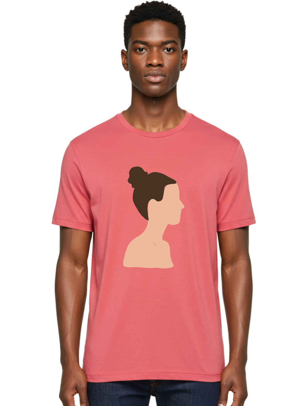 Woman-Profile-1 Men'S Graphic Tee, 100% Cotton, Comfortable Casual Summer Wear, Machine Washable, Woman Profile, Minimalist Portrait, Simple Illustration, Dark Hair, Bun Hairstyle, Featureless Face, Bare Shoulders, Clean Design, Modern Art Aae064