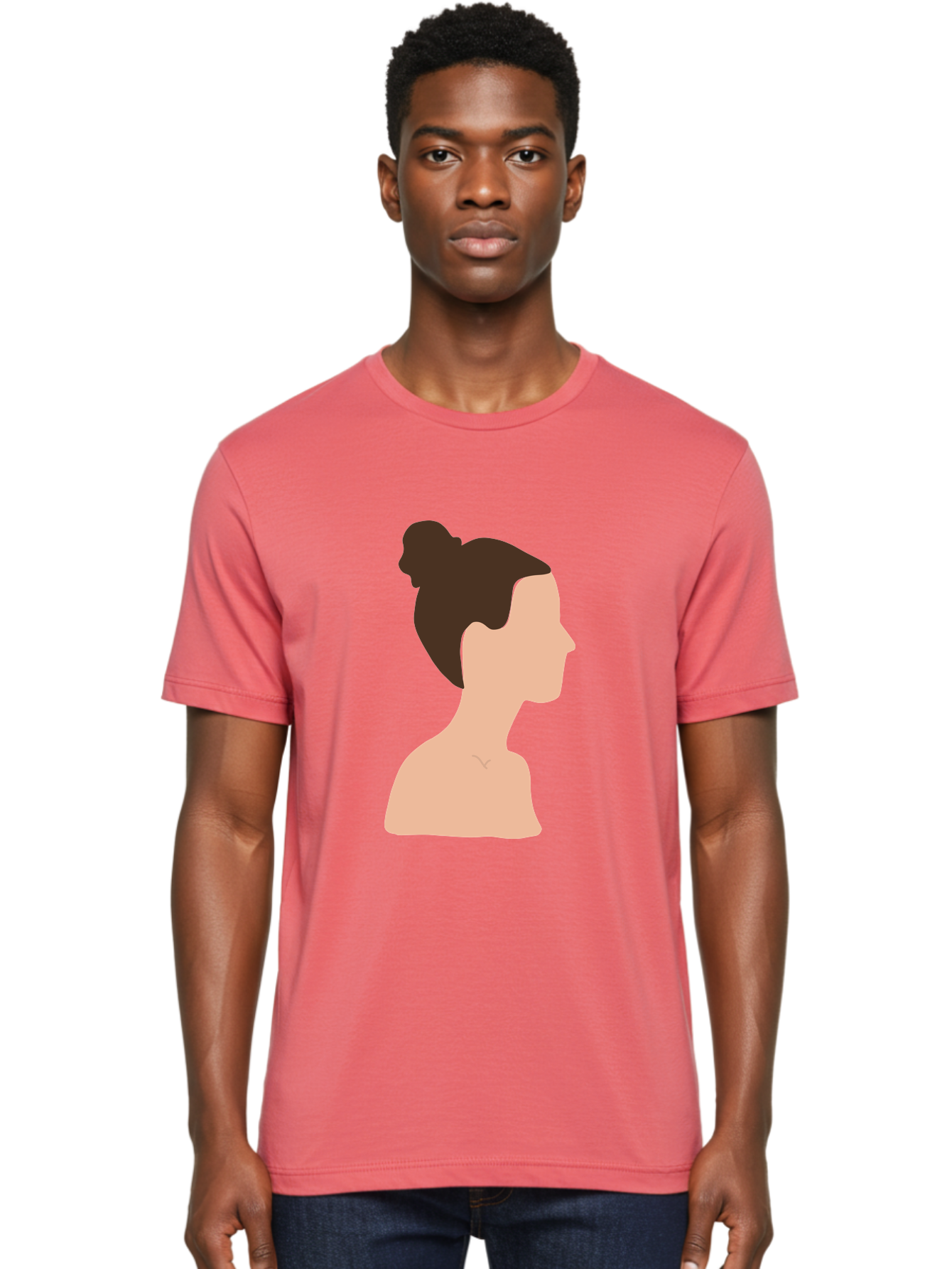 Woman-Profile-1 Men'S Graphic Tee, 100% Cotton, Comfortable Casual Summer Wear, Machine Washable, Woman Profile, Minimalist Portrait, Simple Illustration, Dark Hair, Bun Hairstyle, Featureless Face, Bare Shoulders, Clean Design, Modern Art Aae064