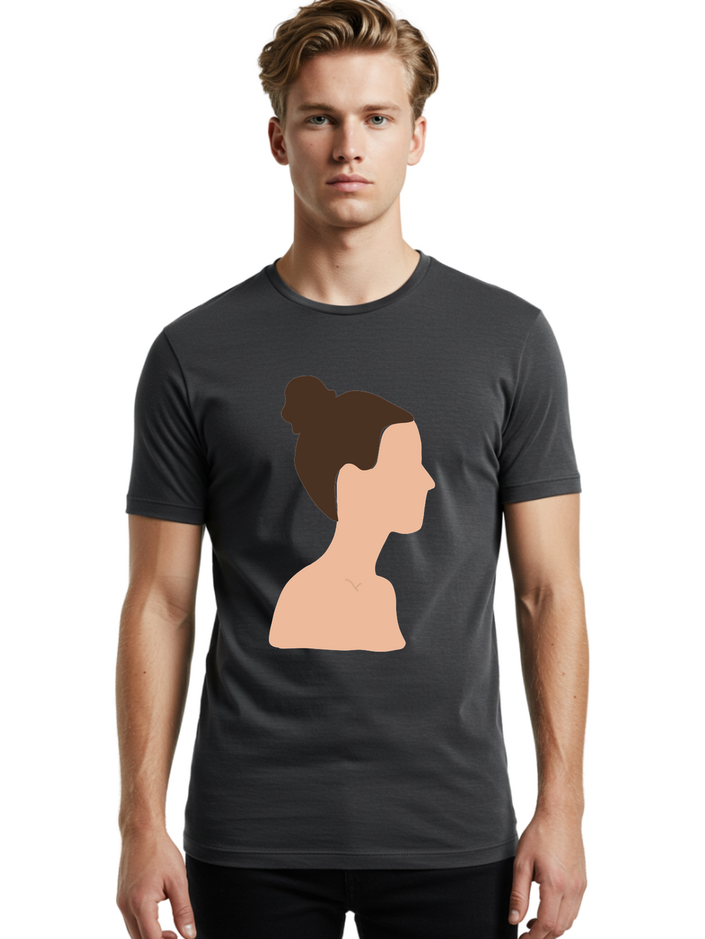 Woman-Profile-1 Men'S Graphic Tee, 100% Cotton, Comfortable Casual Summer Wear, Machine Washable, Woman Profile, Minimalist Portrait, Simple Illustration, Dark Hair, Bun Hairstyle, Featureless Face, Bare Shoulders, Clean Design, Modern Art Aae064
