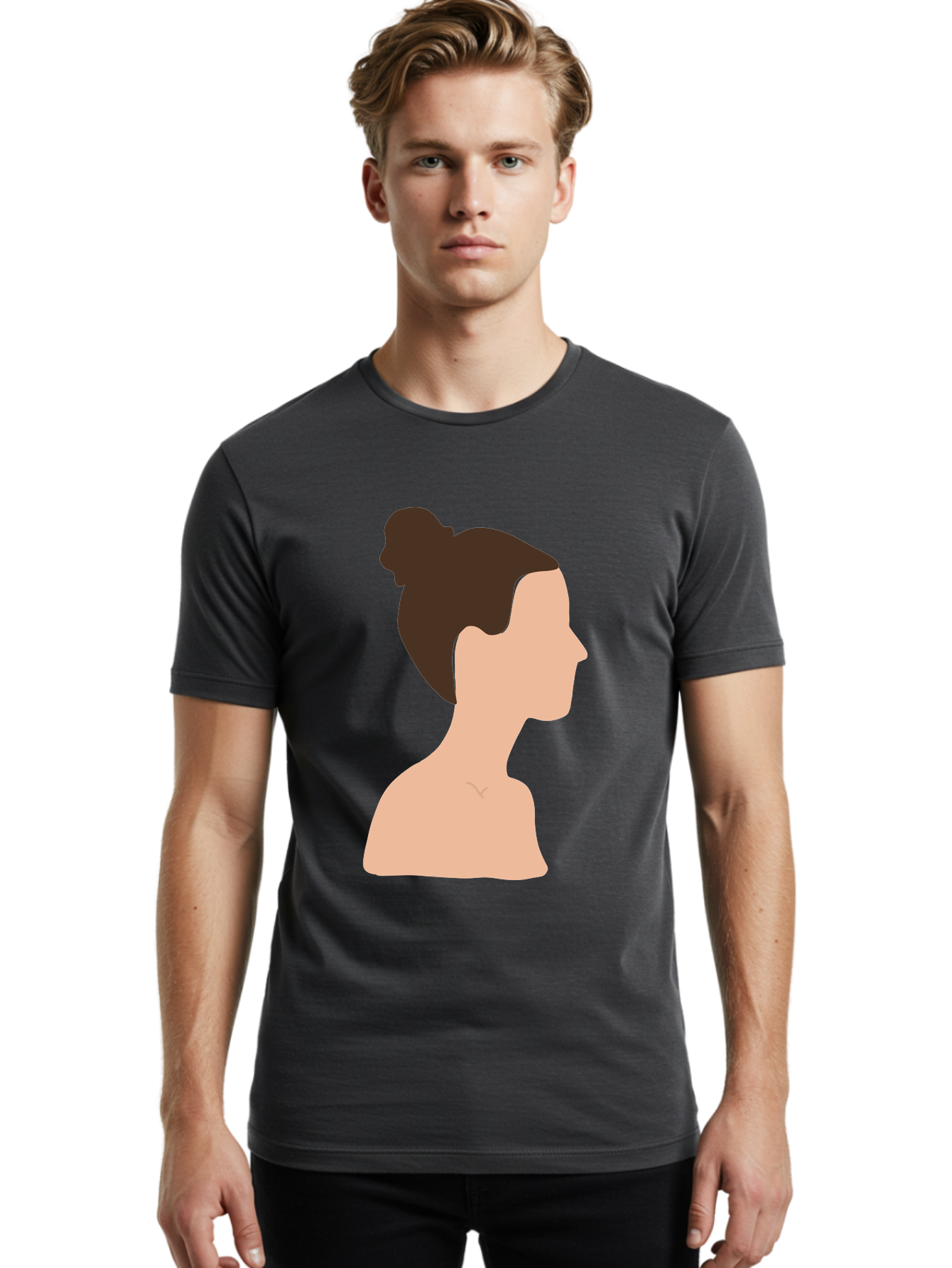 Woman-Profile-1 Men'S Graphic Tee, 100% Cotton, Comfortable Casual Summer Wear, Machine Washable, Woman Profile, Minimalist Portrait, Simple Illustration, Dark Hair, Bun Hairstyle, Featureless Face, Bare Shoulders, Clean Design, Modern Art Aae064