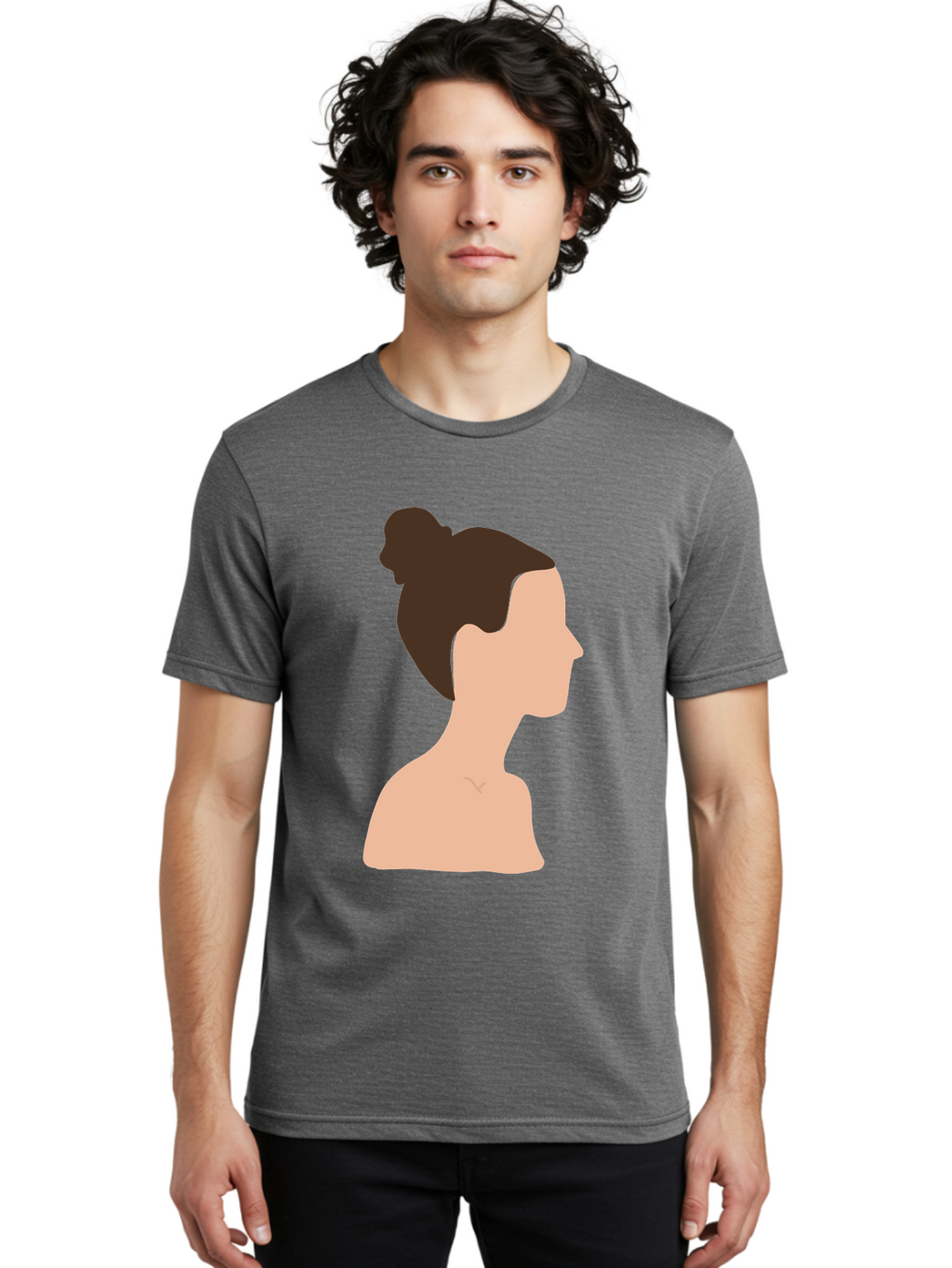 Woman-Profile-1 Men'S Graphic Tee, 100% Cotton, Comfortable Casual Summer Wear, Machine Washable, Woman Profile, Minimalist Portrait, Simple Illustration, Dark Hair, Bun Hairstyle, Featureless Face, Bare Shoulders, Clean Design, Modern Art Aae064