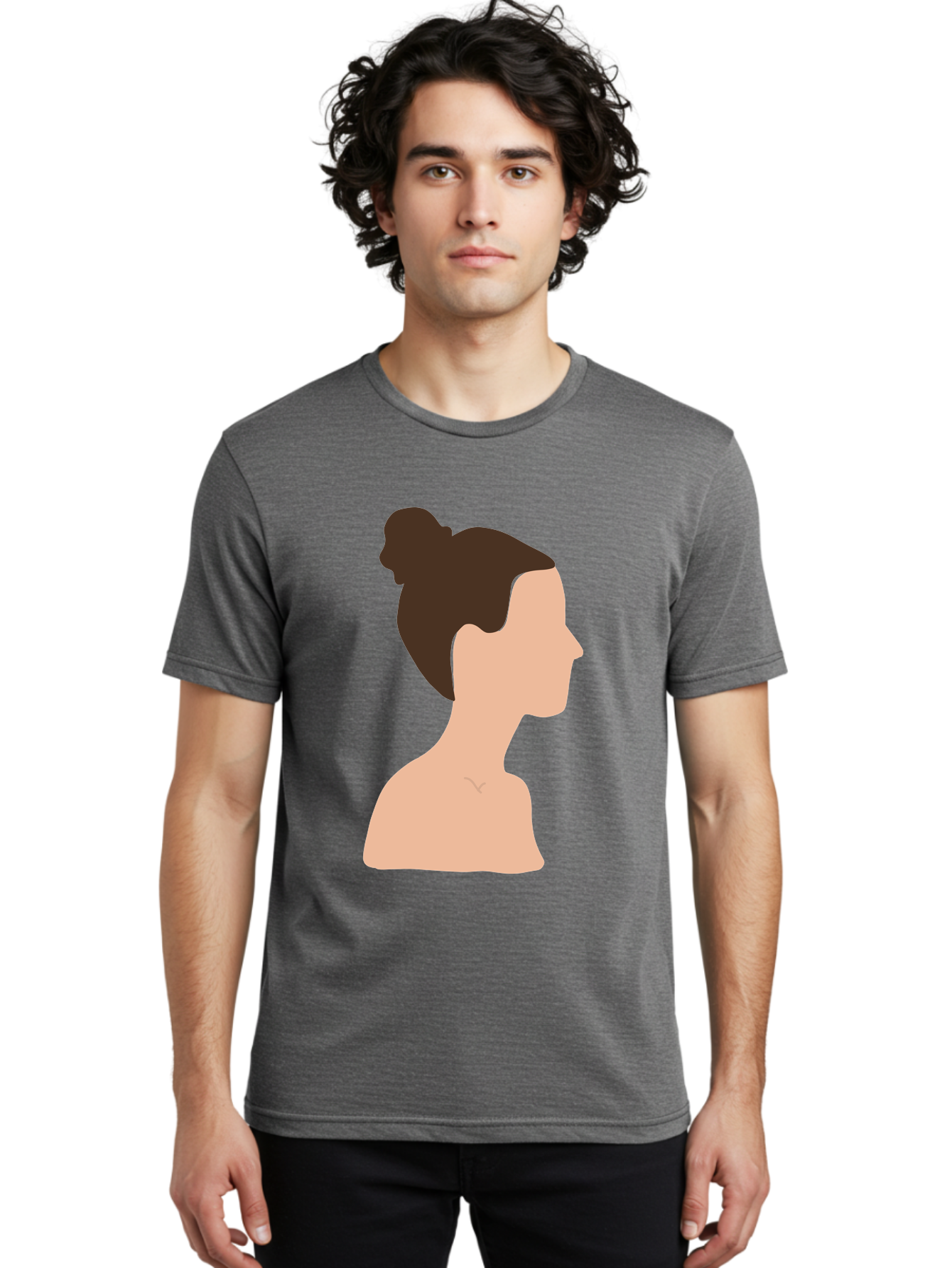 Woman-Profile-1 Men'S Graphic Tee, 100% Cotton, Comfortable Casual Summer Wear, Machine Washable, Woman Profile, Minimalist Portrait, Simple Illustration, Dark Hair, Bun Hairstyle, Featureless Face, Bare Shoulders, Clean Design, Modern Art Aae064