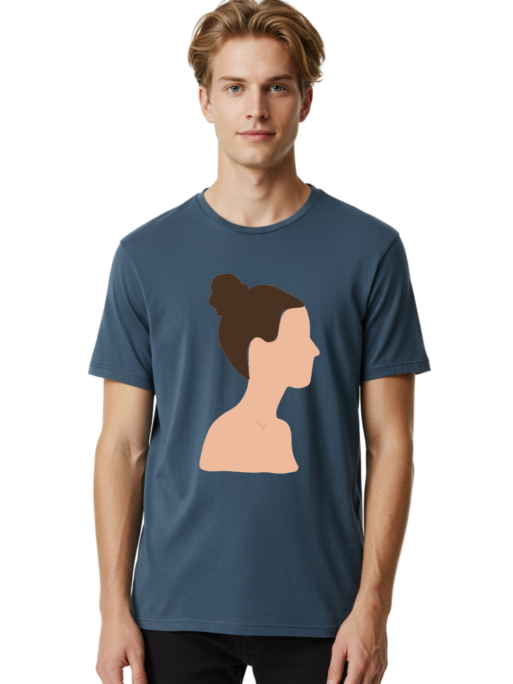Woman-Profile-1 Men'S Graphic Tee, 100% Cotton, Comfortable Casual Summer Wear, Machine Washable, Woman Profile, Minimalist Portrait, Simple Illustration, Dark Hair, Bun Hairstyle, Featureless Face, Bare Shoulders, Clean Design, Modern Art Aae064